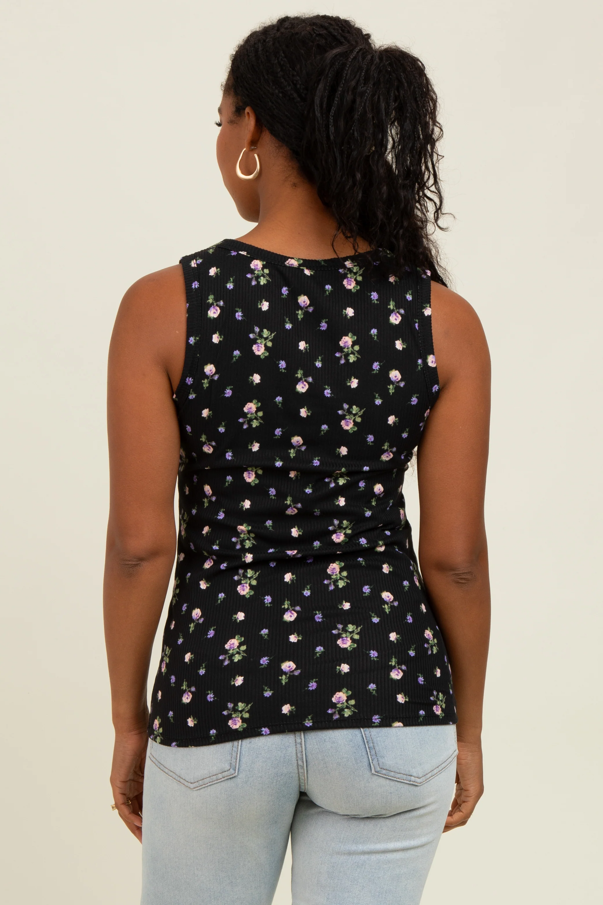 Black Floral Ribbed Button Front Tank Top - Image 4