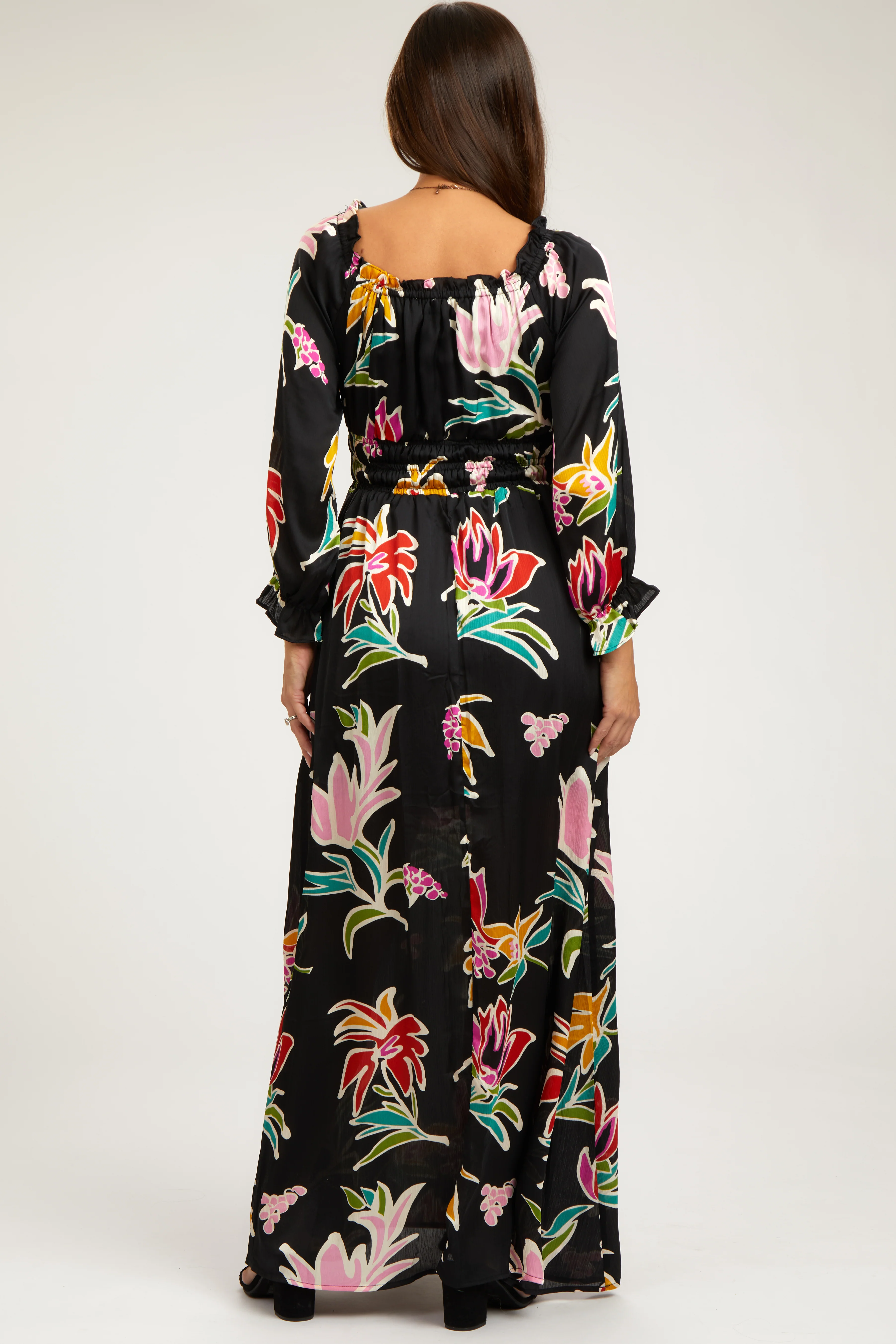Black Floral Ruffle Neck Maternity Maxi Dress - Image 3