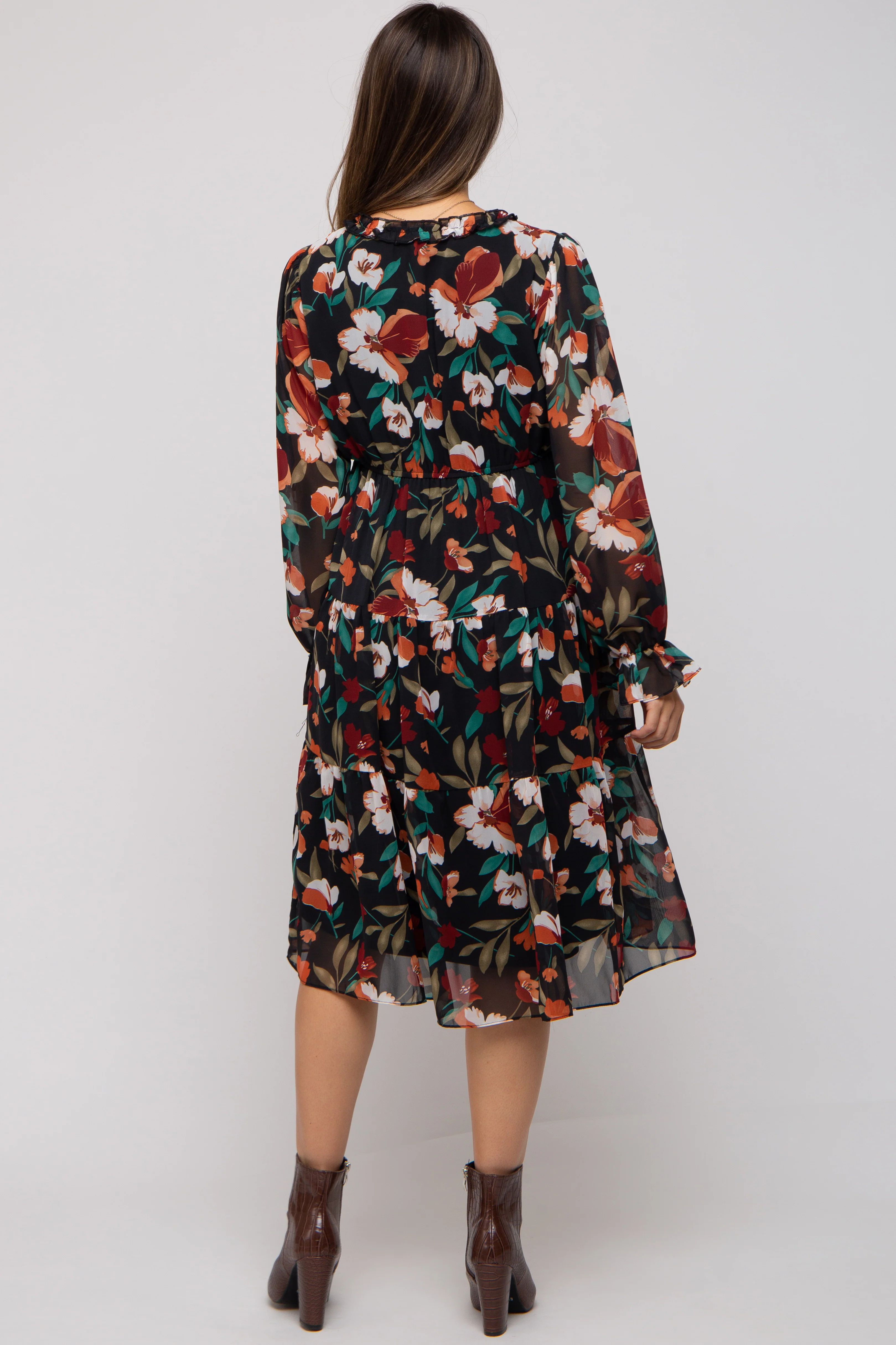 Black Floral Ruffle V-Neck Maternity Dress - Image 3