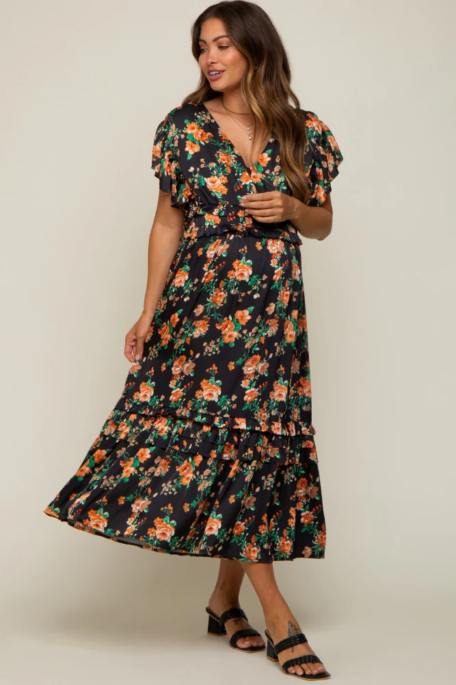 Black Floral Satin Ruffle Maternity Midi Dress - Image 7