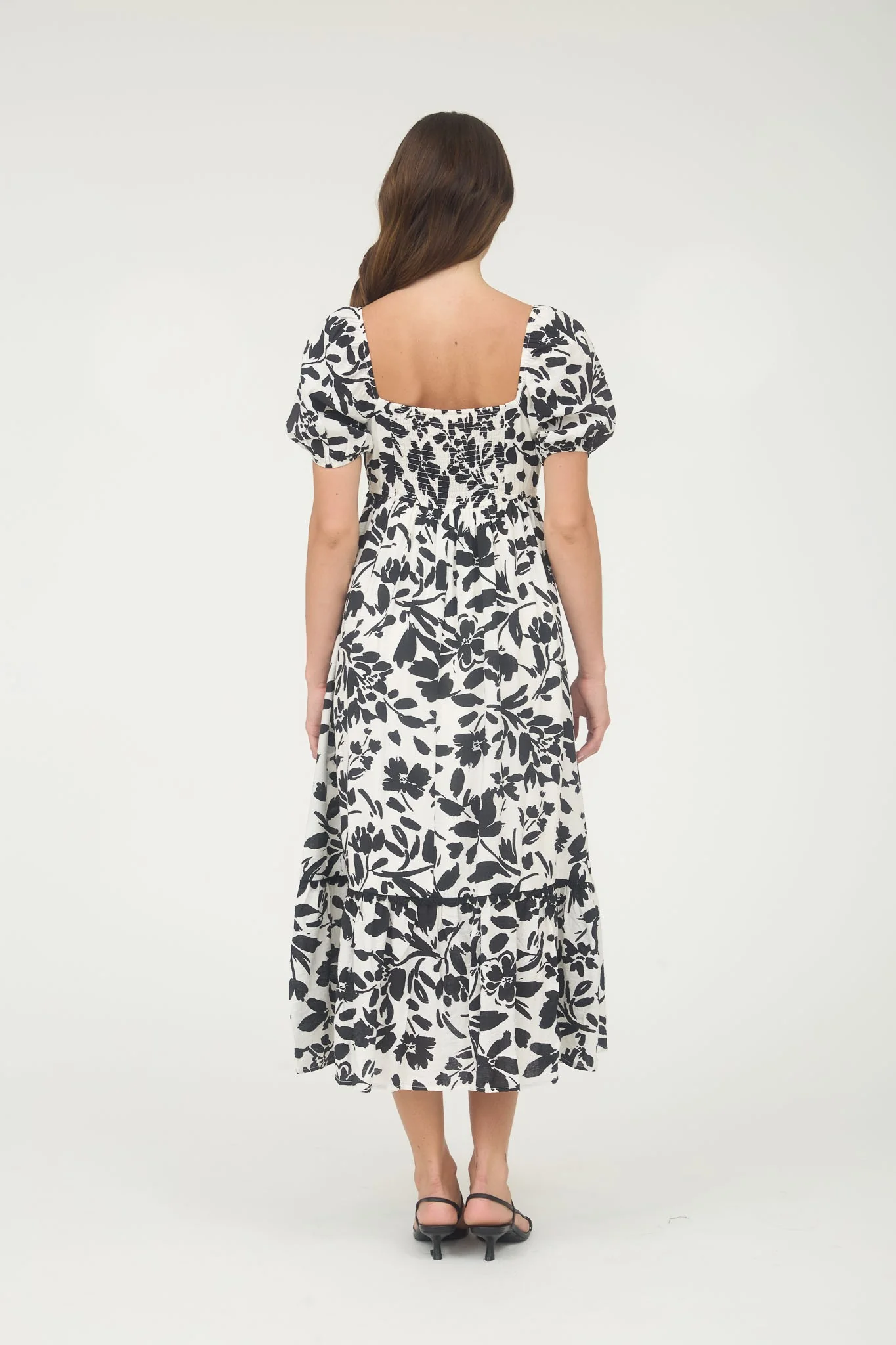 Black Floral Scallop Trim Puff Sleeve Midi Dress - Image 4
