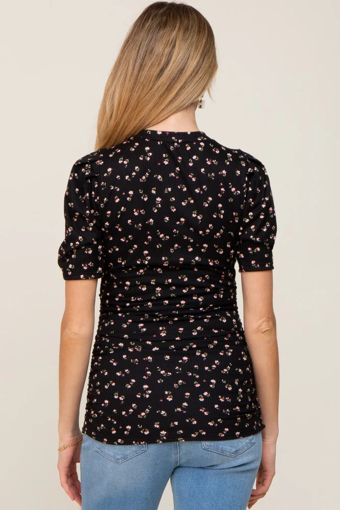 Black Floral Side Ruched Maternity Short Sleeve Top - Image 3