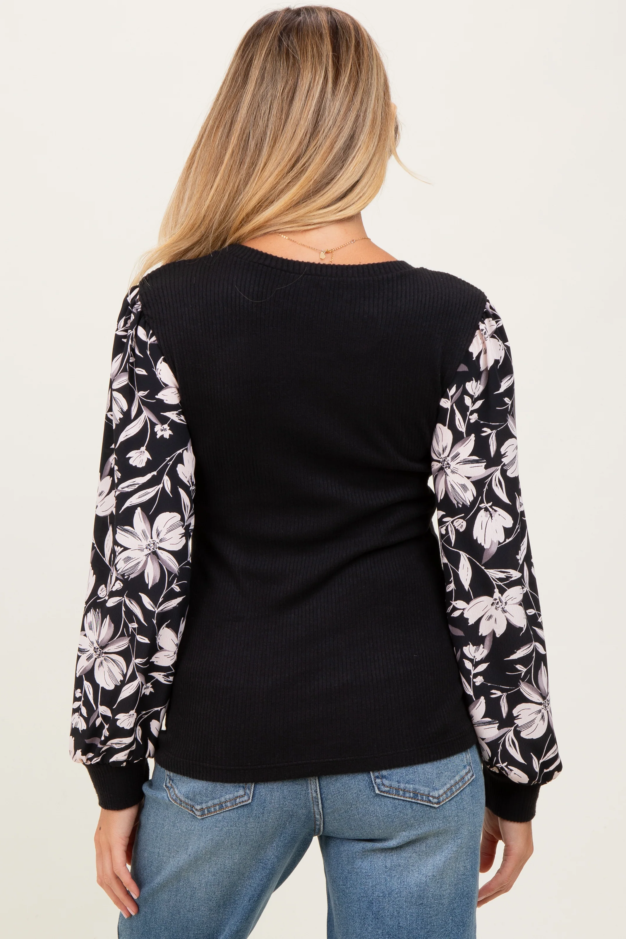 Black Floral Sleeve Ribbed Knit Maternity Top - Image 3
