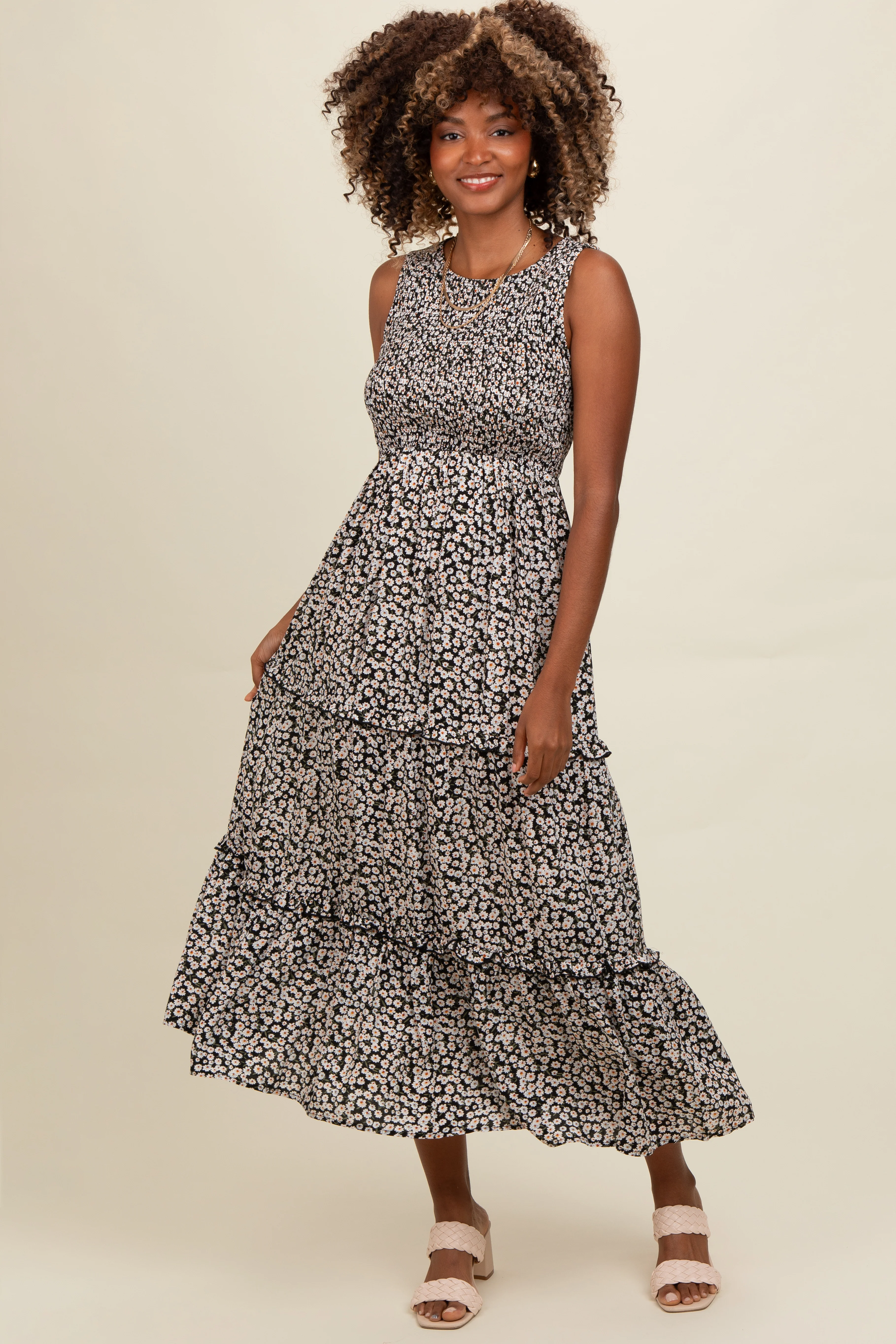 Black Floral Sleeveless Ruffle Tiered Maternity Maxi Dress - Image 5
