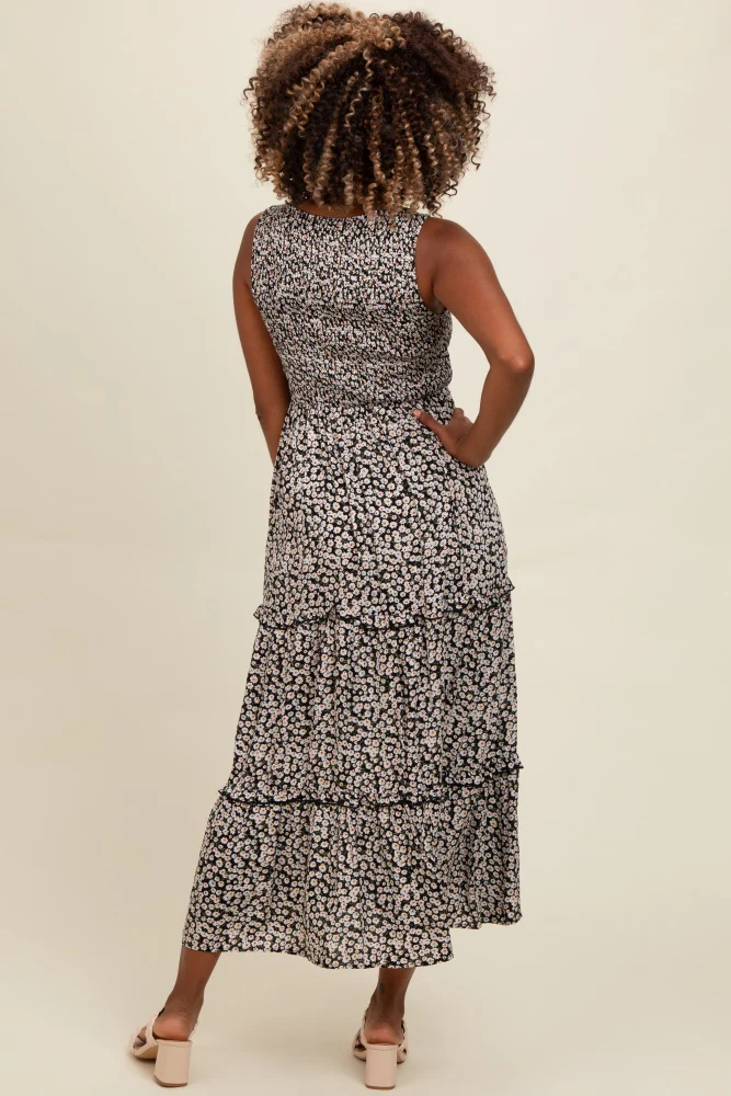 Black Floral Sleeveless Ruffle Tiered Maxi Dress - Image 7