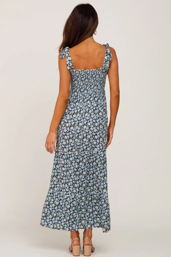 Black Floral Sleeveless Tiered Maxi Dress - Image 3
