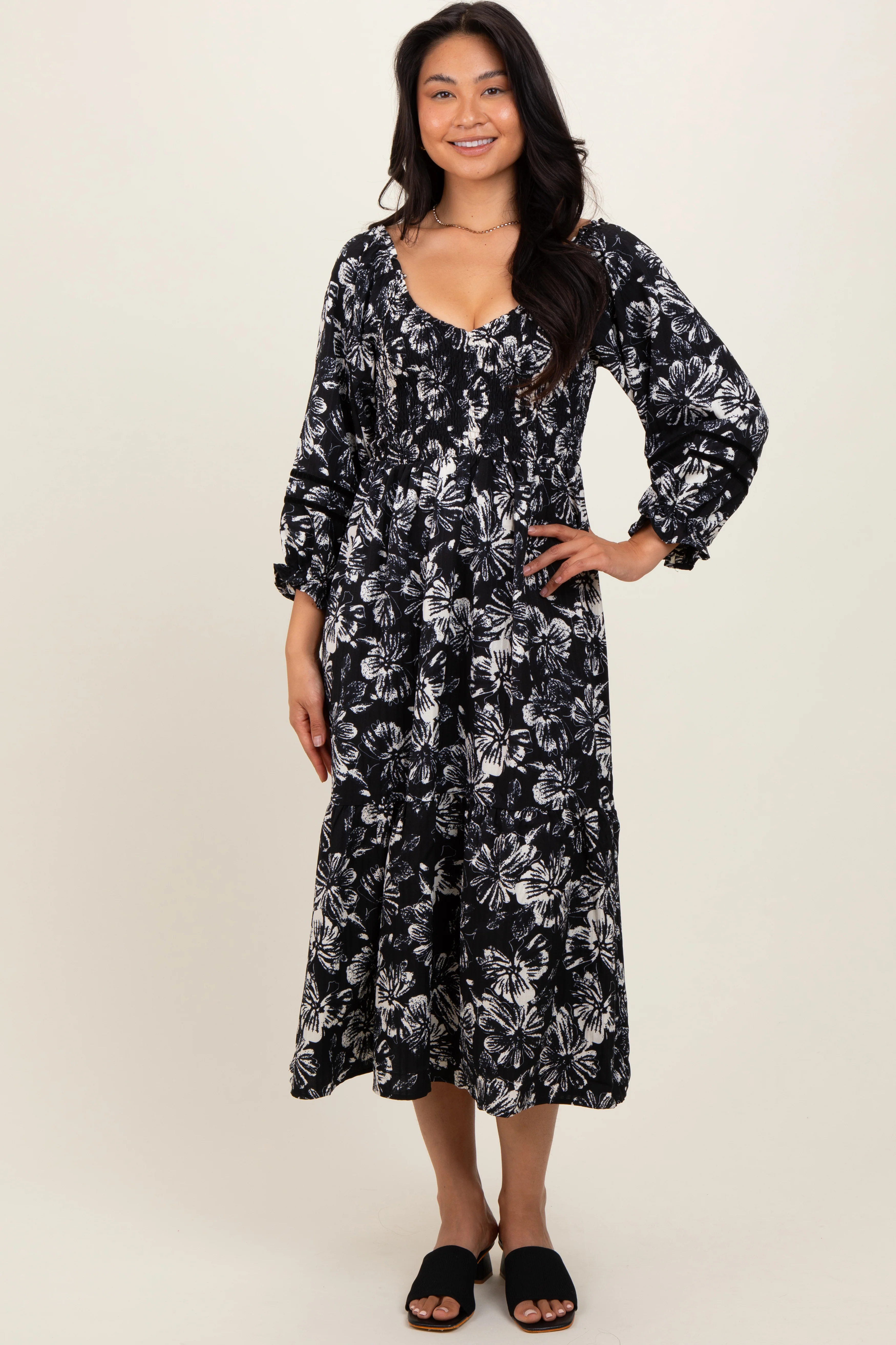 Black Floral Smocked 3/4 Sleeve Tiered Maternity Midi Dress - Image 4