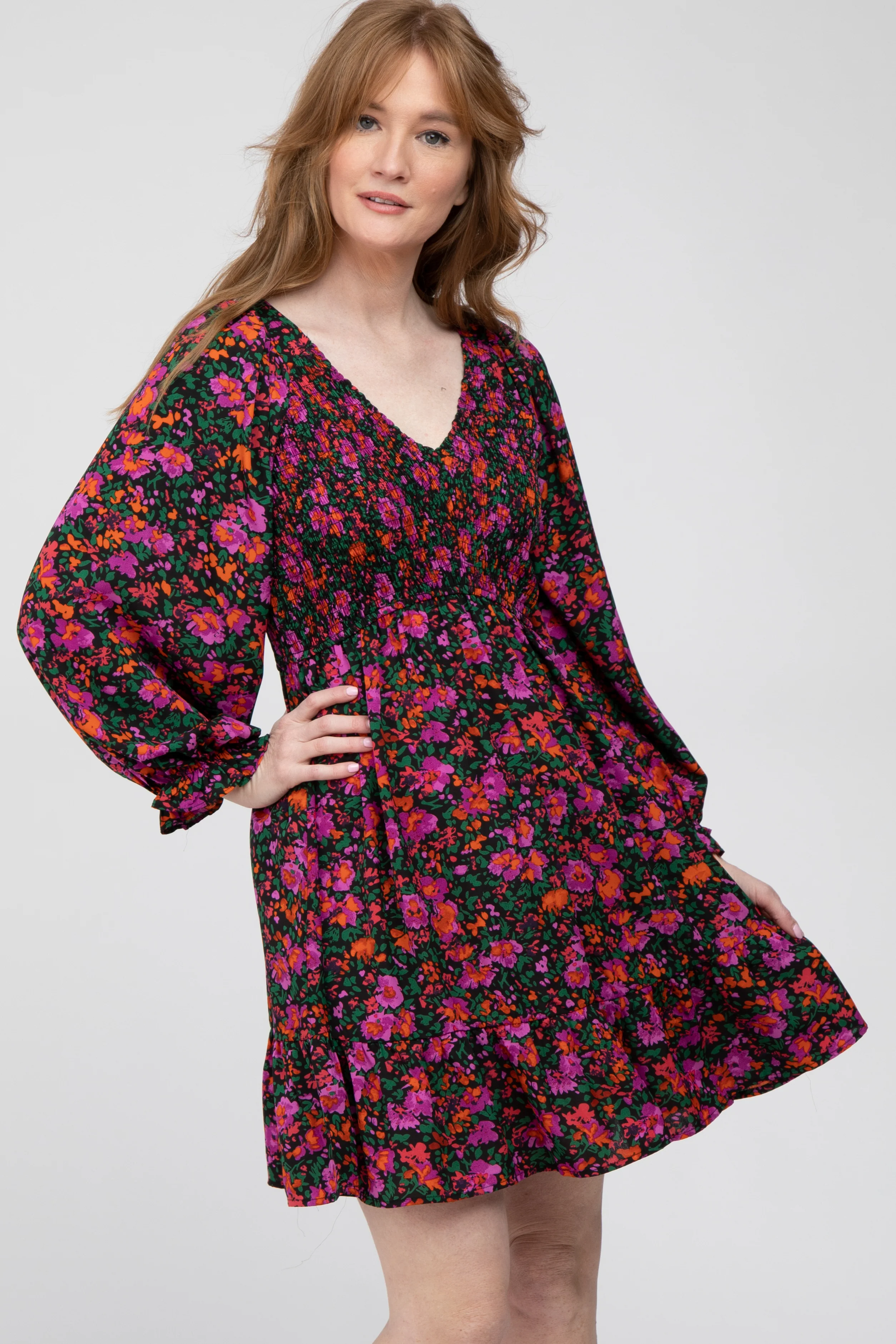 Black Floral Smocked Front Ruffle Trim Maternity Dress - Image 6