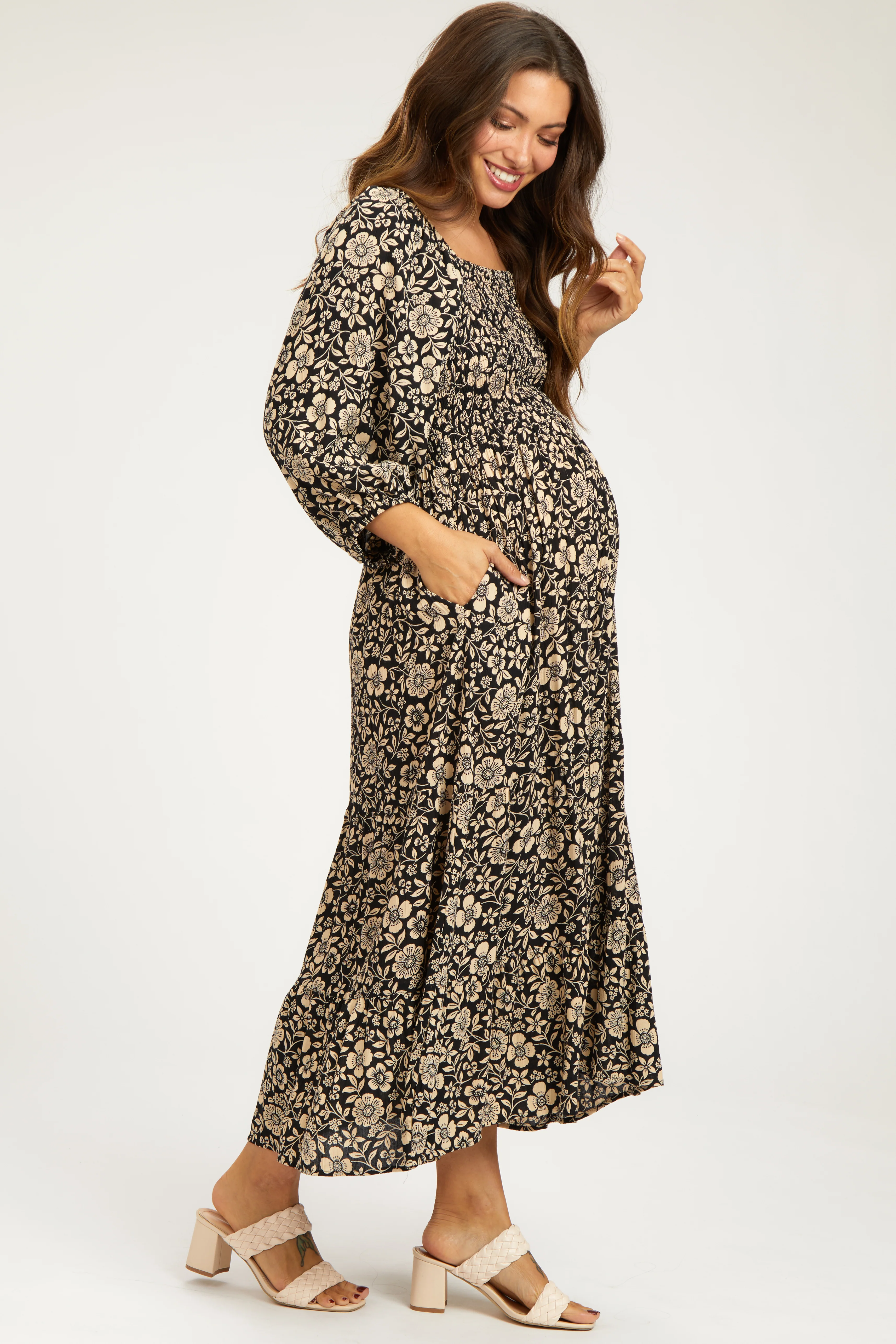 Black Floral Smocked Half Sleeve Maternity Midi Dress - Image 3