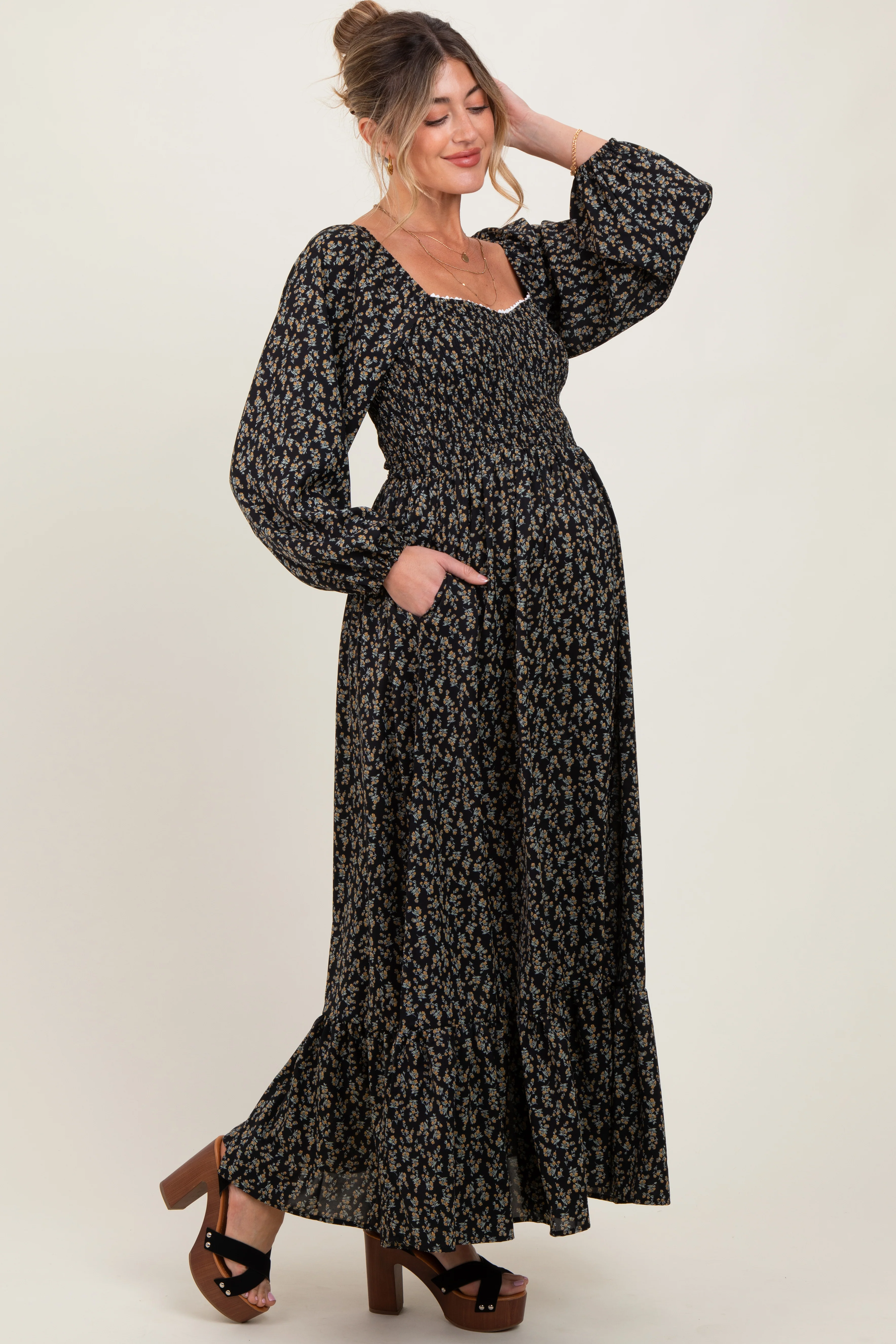 Black Floral Smocked Lace Trim Sweetheart Maternity Maxi Dress - Image 3