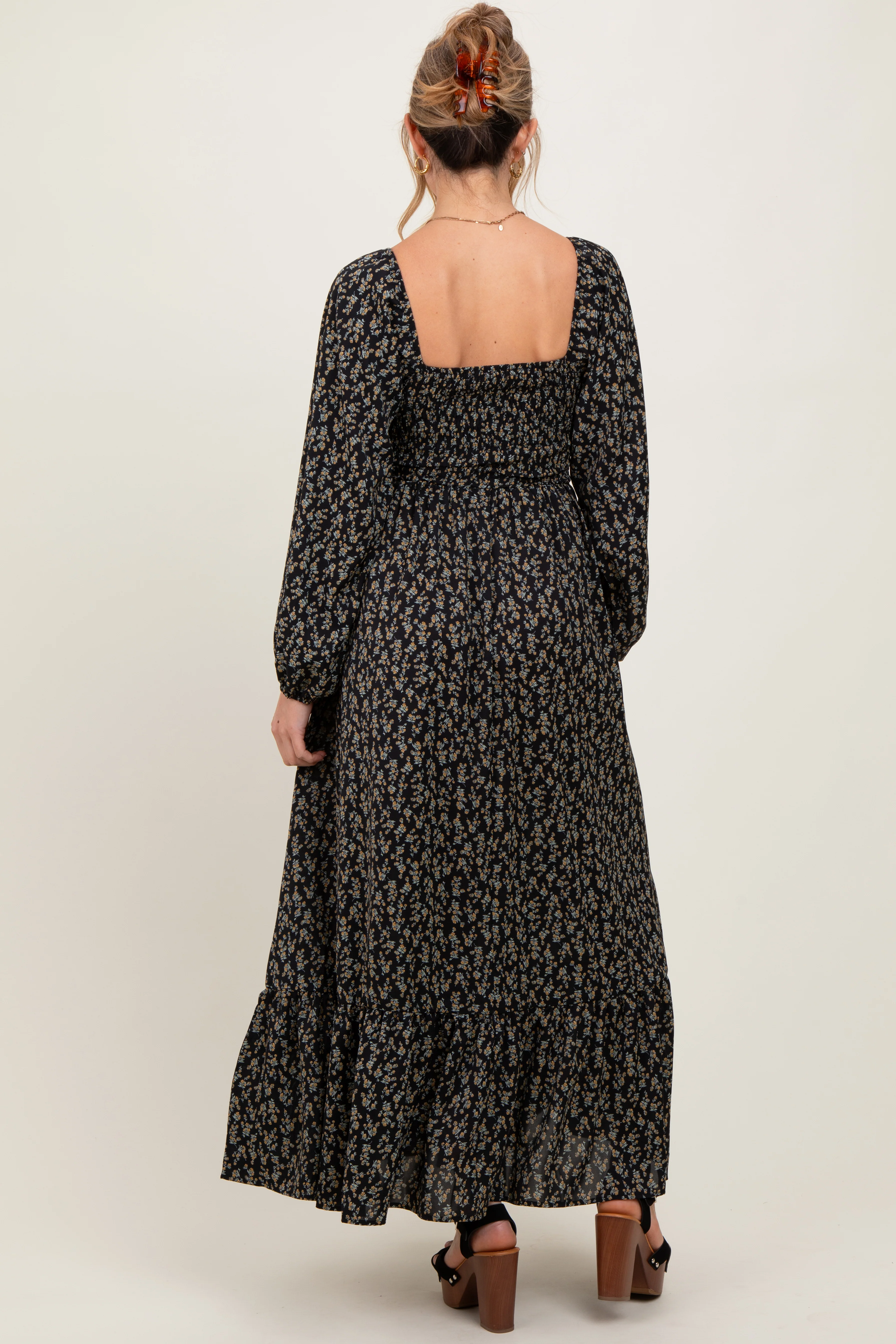 Black Floral Smocked Lace Trim Sweetheart Maternity Maxi Dress - Image 4