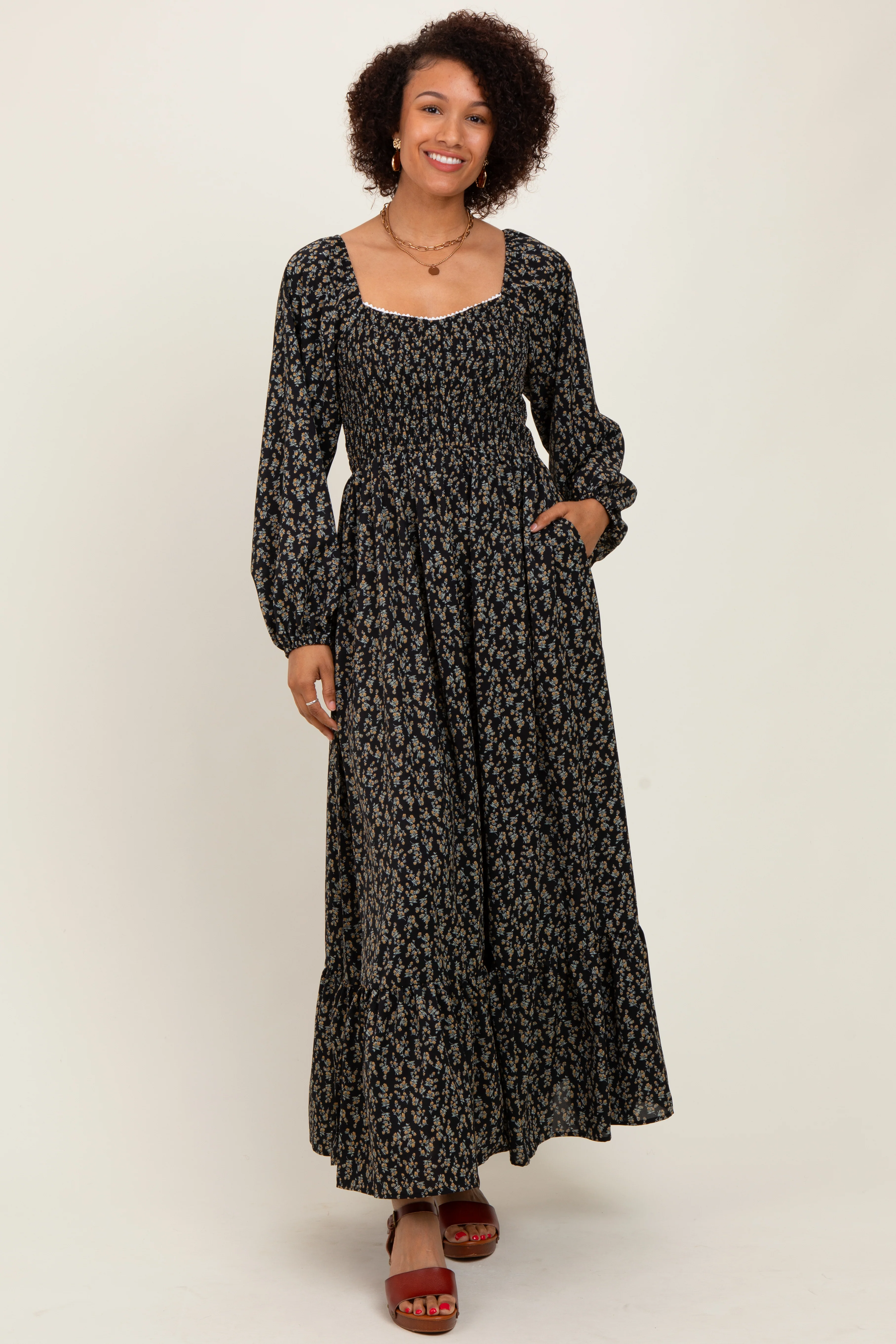 Black Floral Smocked Lace Trim Sweetheart Maternity Maxi Dress - Image 5