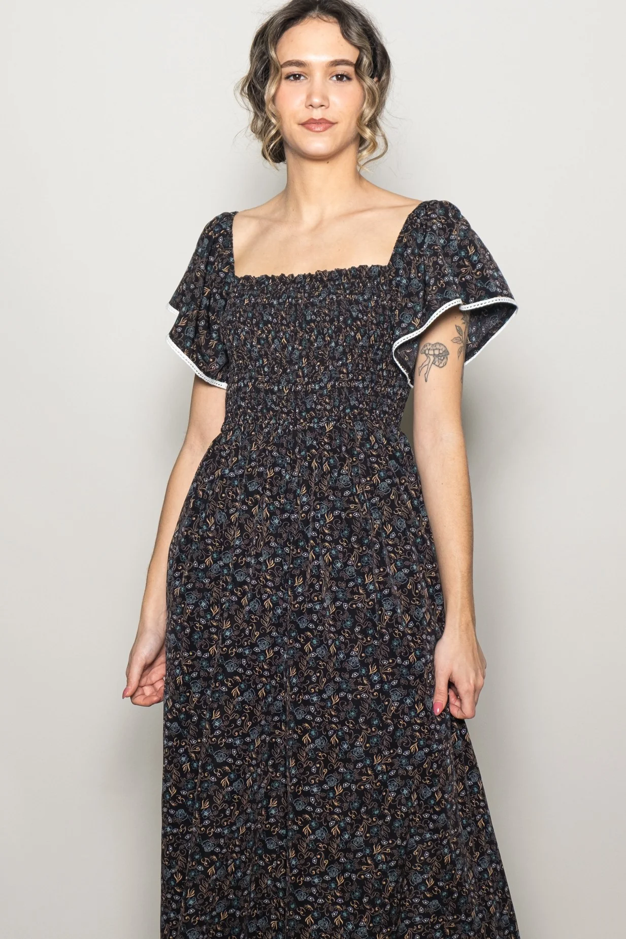 Black Floral Smocked Lace Trim Wide Leg Jumpsuit - Image 3