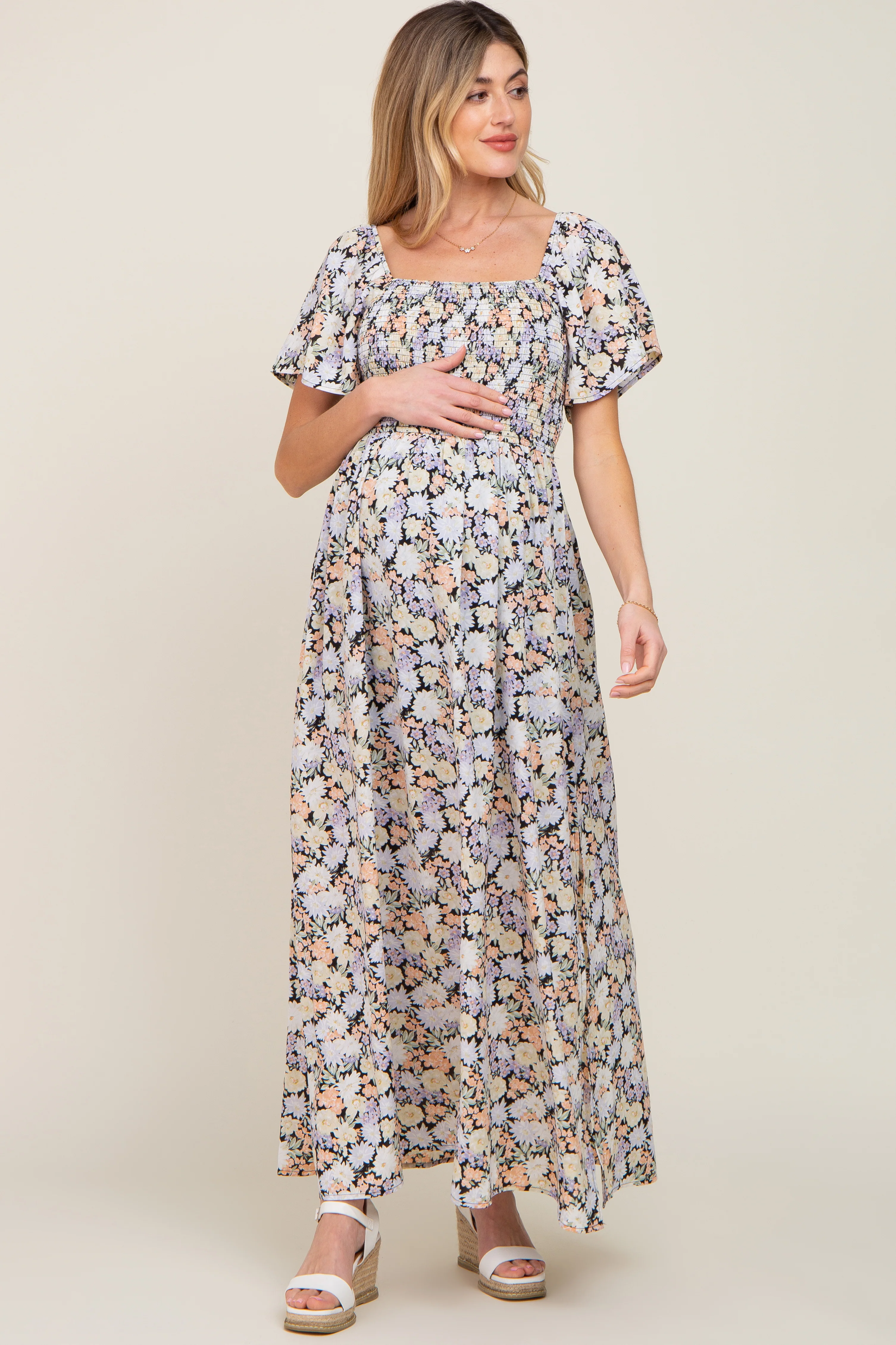 Black Floral Smocked Maternity Maxi Dress - Image 4