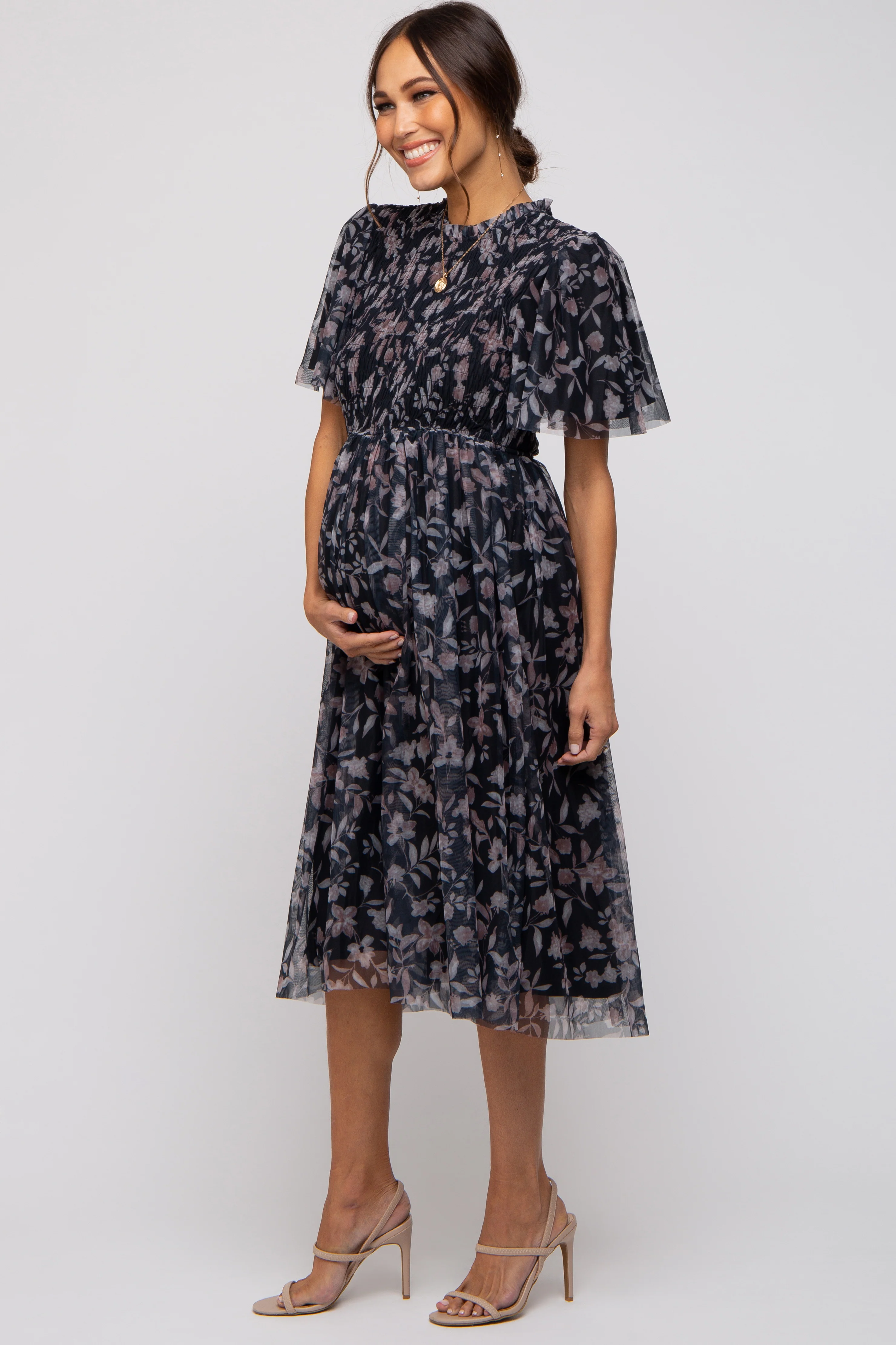 Black Floral Smocked Mesh Knit Maternity Midi Dress - Image 2