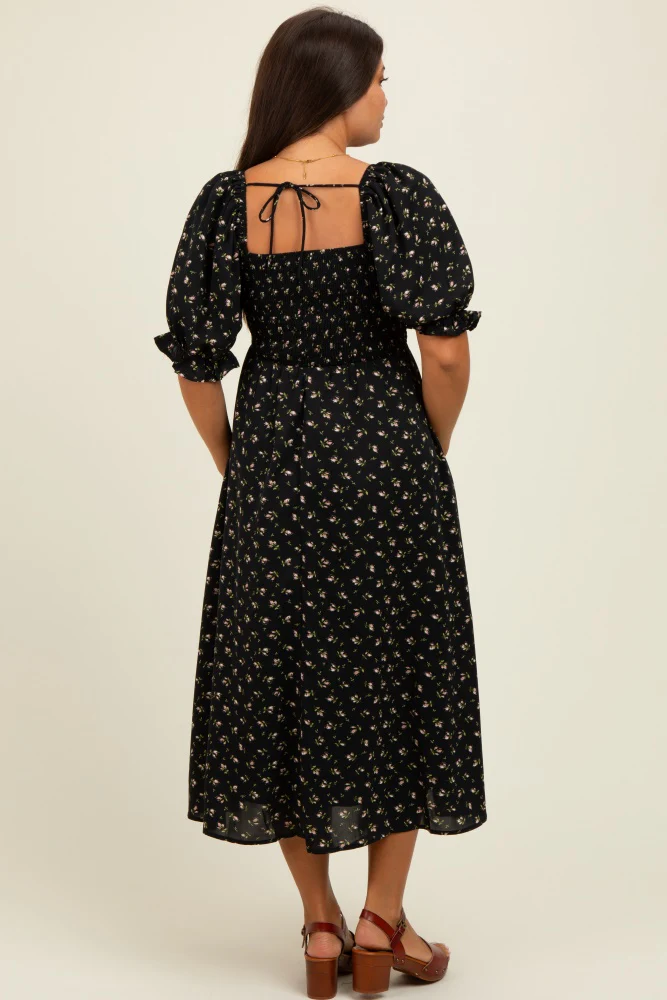 Black Floral Smocked Puff Sleeve Maternity Midi Dress - Image 3