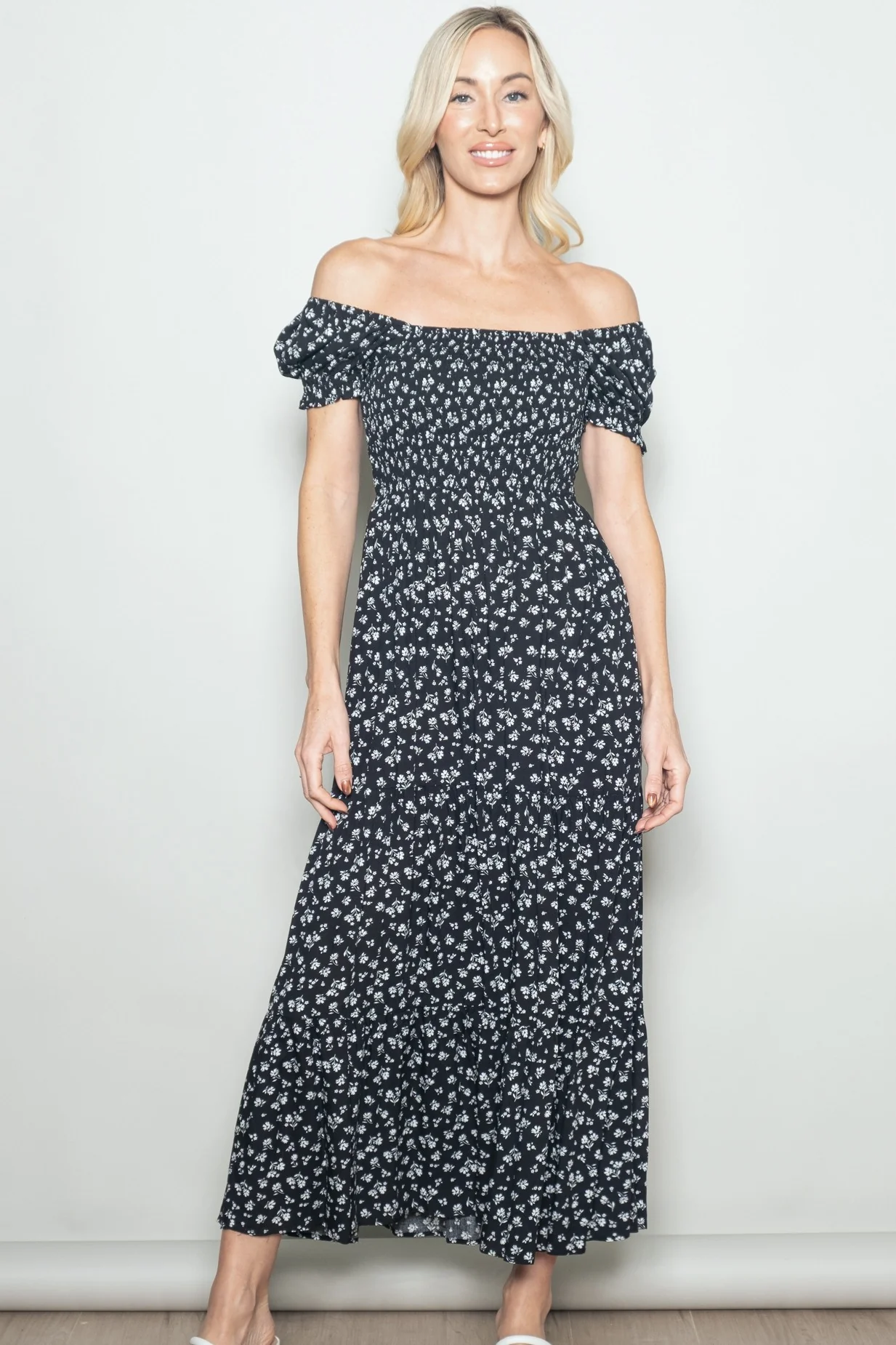 Black Floral Smocked Puff Sleeve Maxi Dress - Image 2