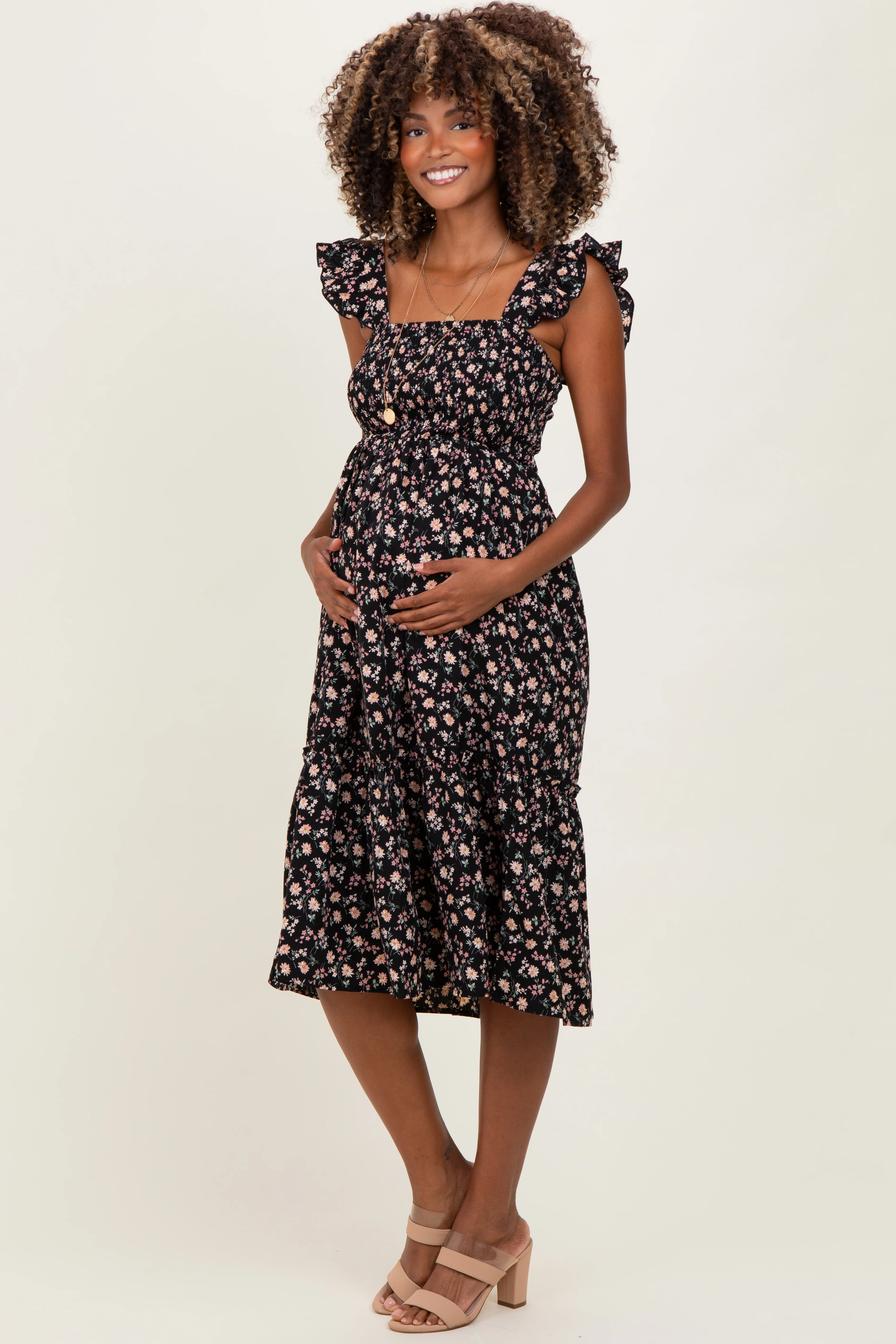 Black Floral Smocked Ruffle Strap Maternity Midi Dress - Image 3