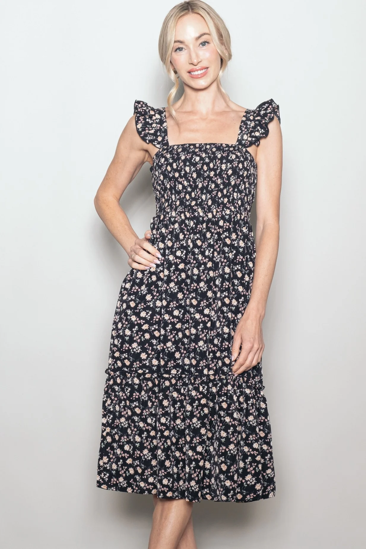 Black Floral Smocked Ruffle Strap Midi Dress