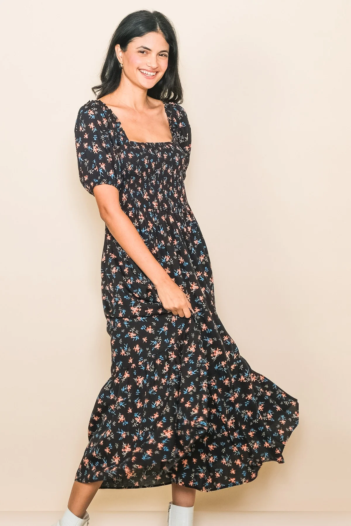Black Floral Smocked Short Sleeve Maternity Midi Dress - Image 5