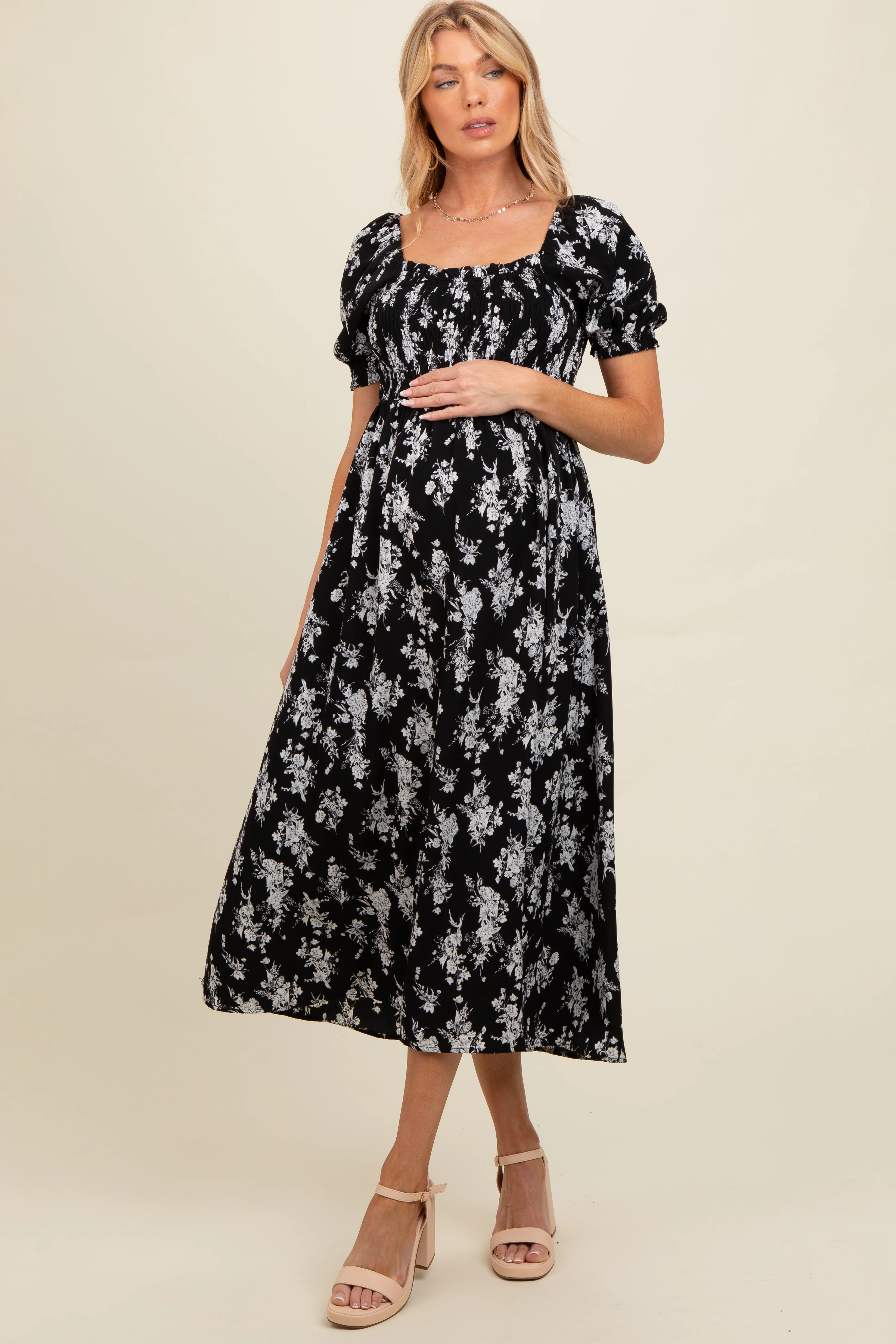 Black Floral Smocked Sweetheart Neckline Maternity Midi Dress - Image 3