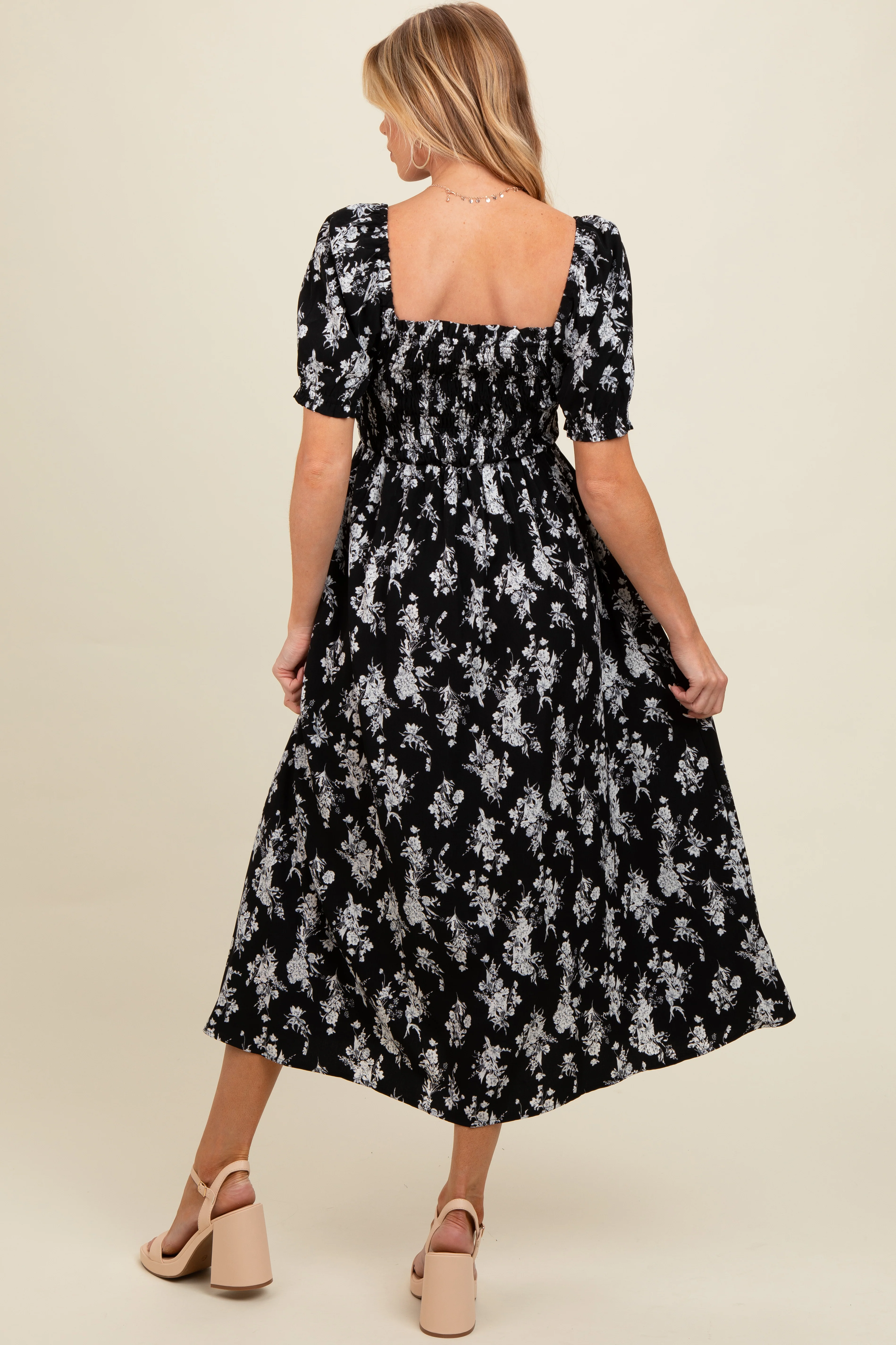 Black Floral Smocked Sweetheart Neckline Maternity Midi Dress - Image 4