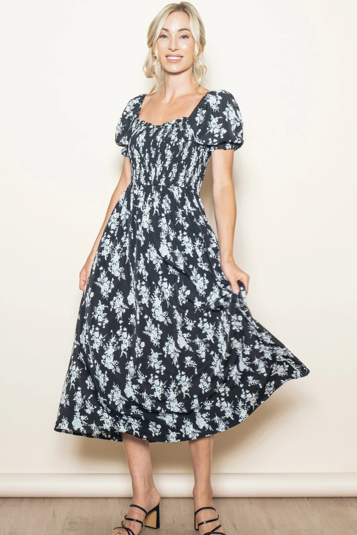 Black Floral Smocked Sweetheart Neckline Maternity Midi Dress - Image 5