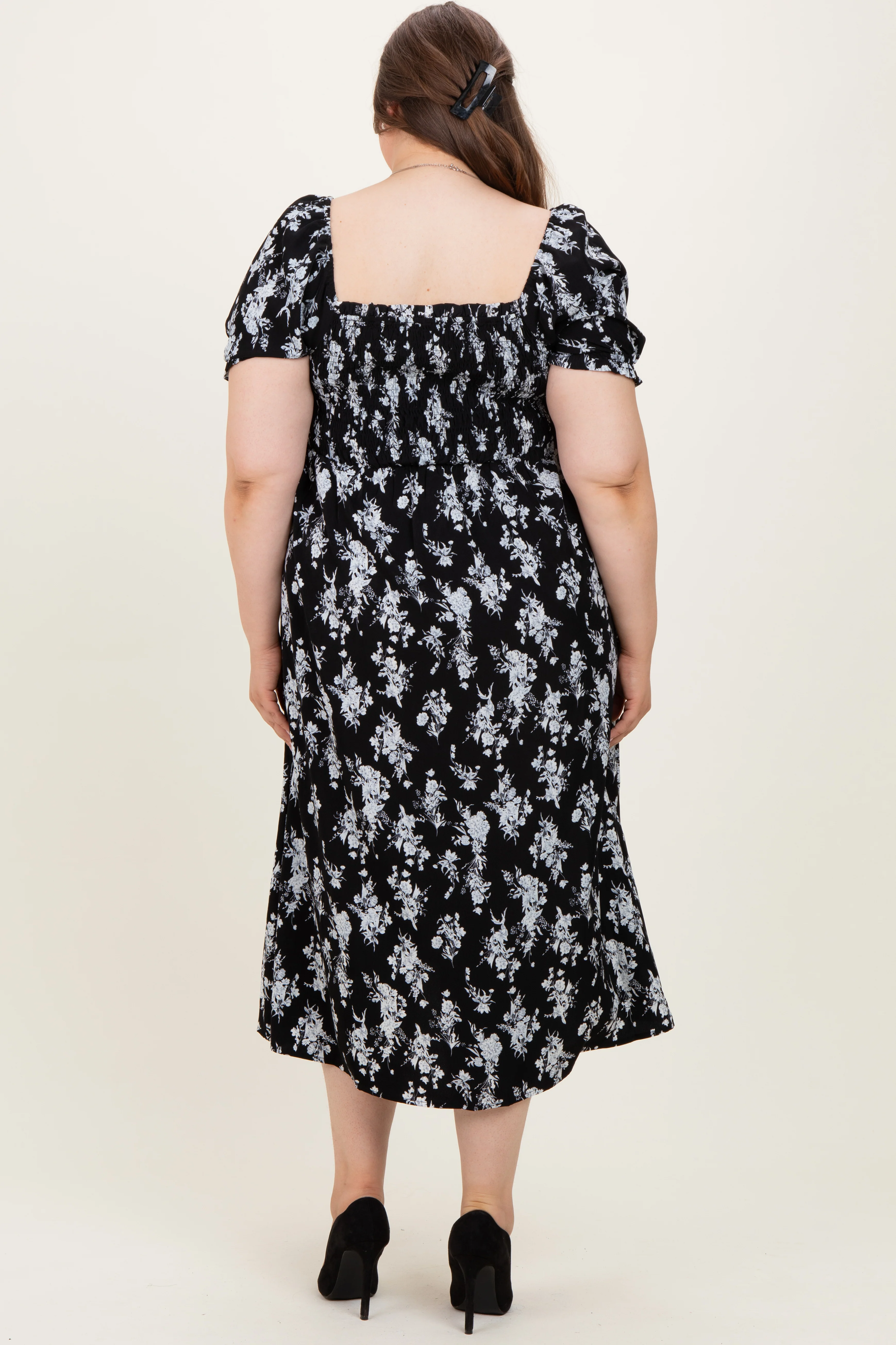 Black Floral Smocked Sweetheart Neckline Maternity Plus Midi Dress - Image 3