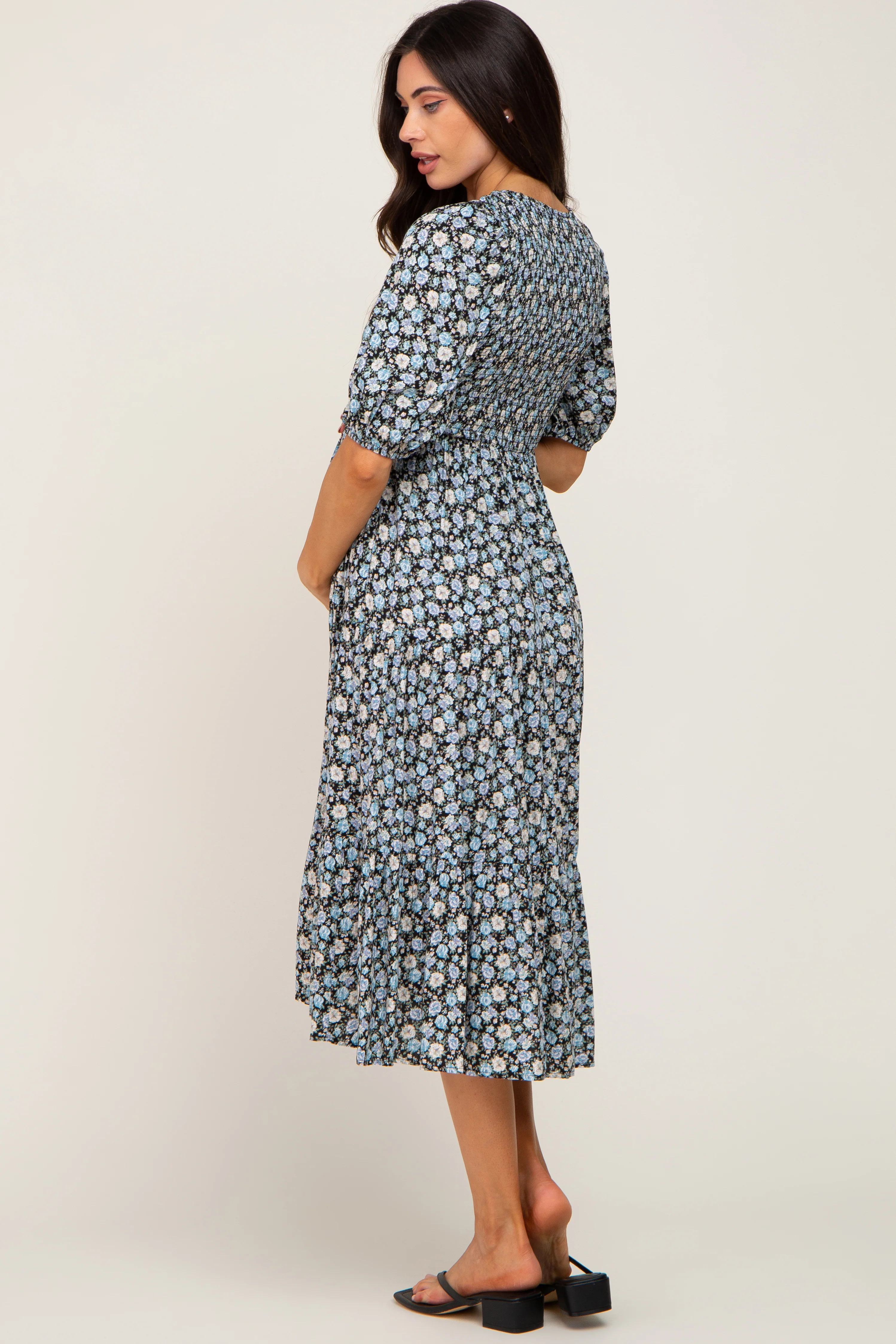 Black Floral Smocked Tiered Maternity Midi Dress - Image 3
