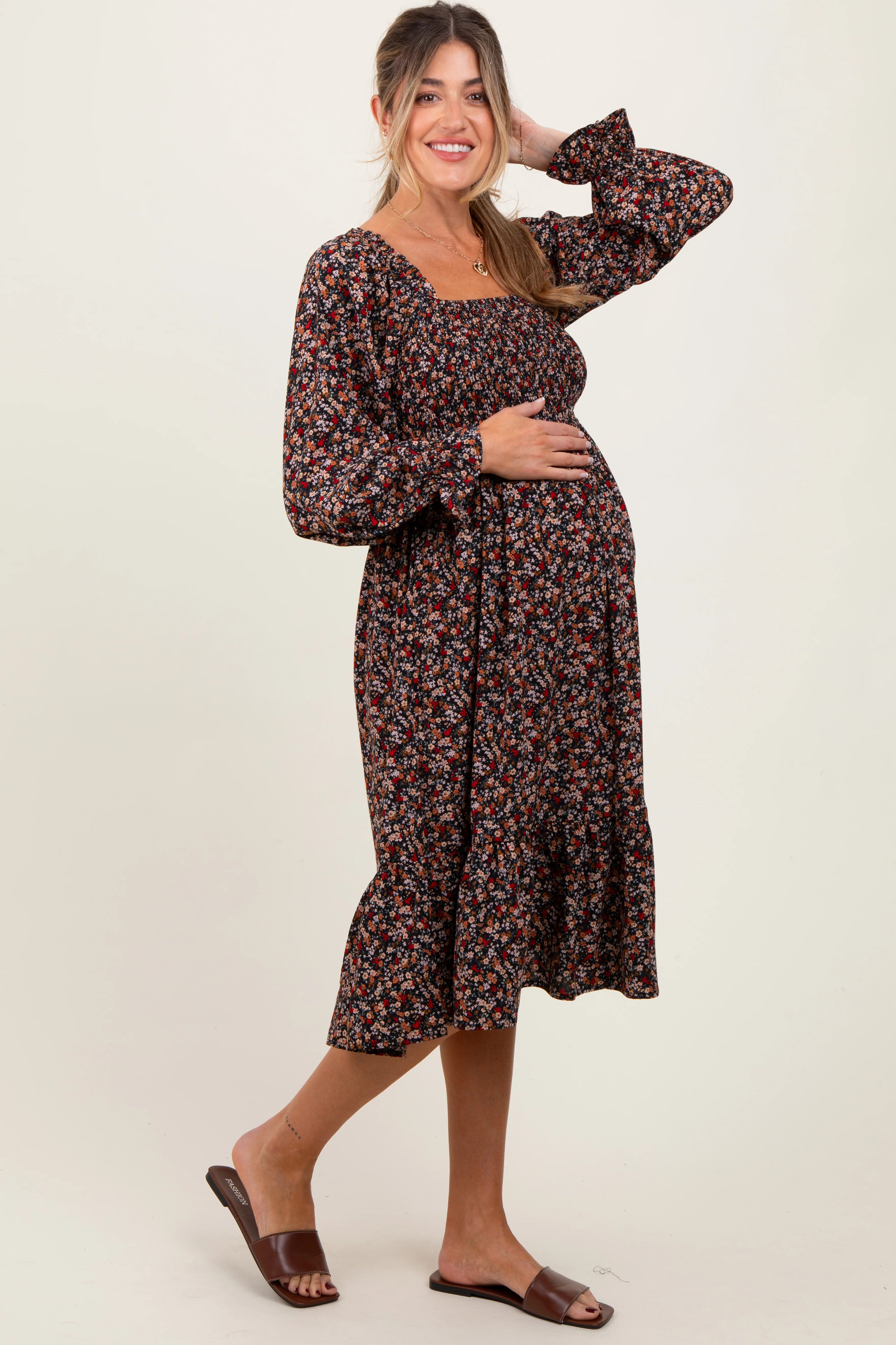 Black Floral Smocked Velvet Back Tie Maternity Midi Dress - Image 3