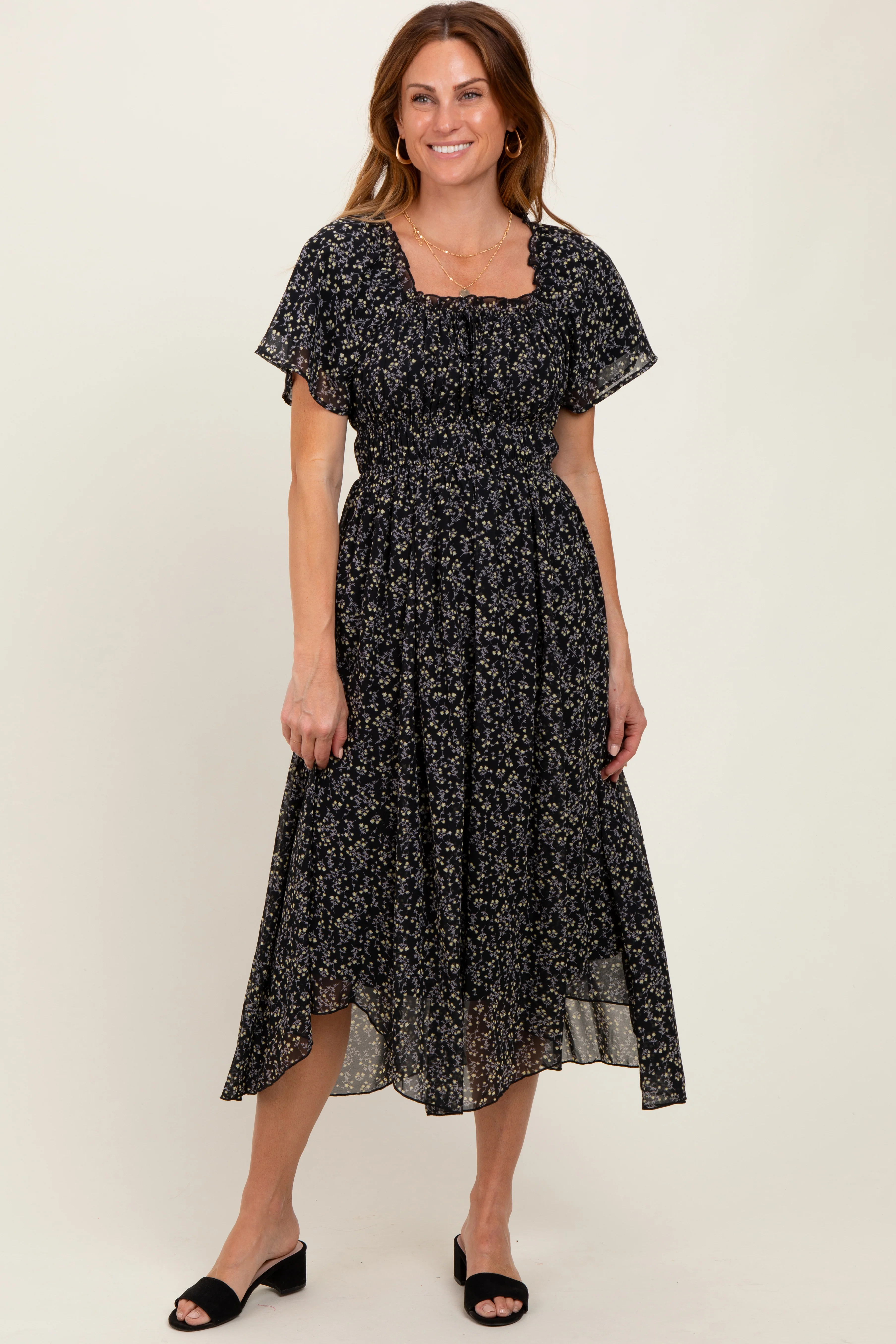 Black Floral Square Neck Front Tie Maternity Midi Dress - Image 4