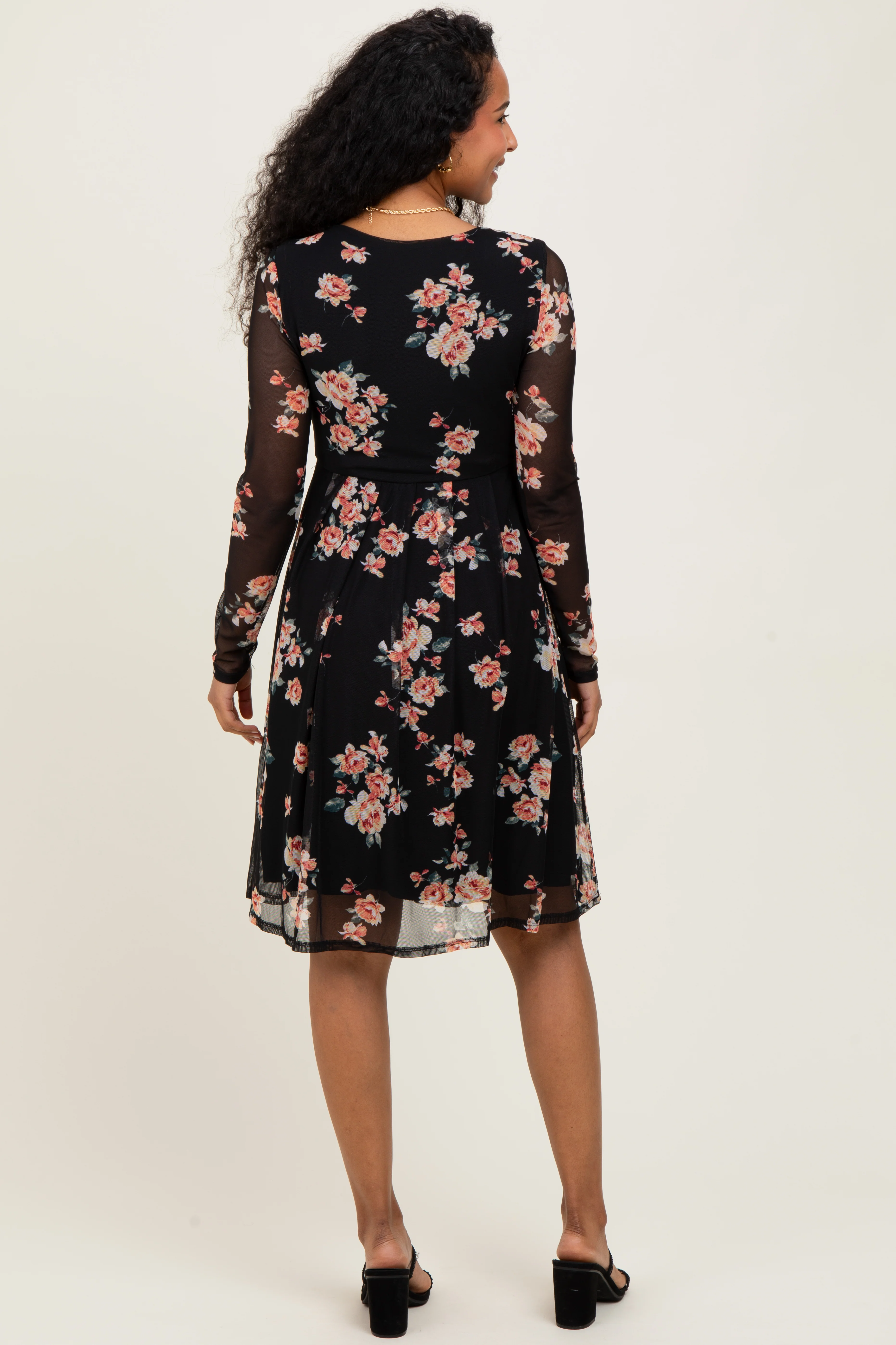 Black Floral Square Neck Long Sleeve Maternity Dress - Image 4