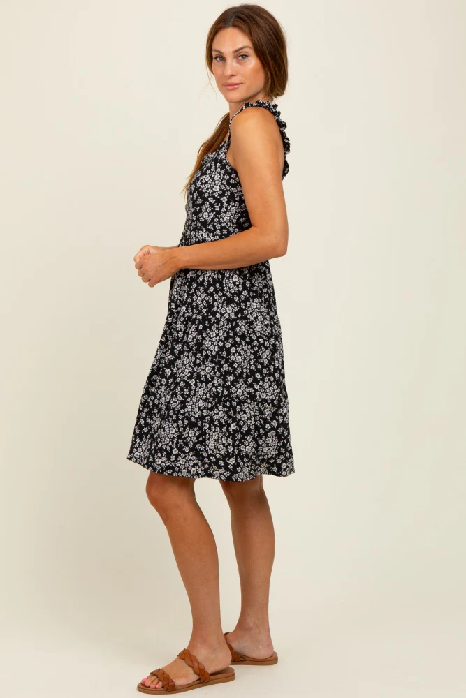 Black Floral Square Neck Ruffle Strap Tiered Dress - Image 7