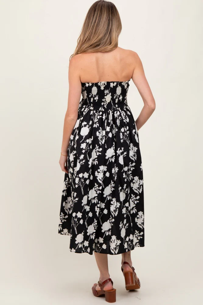 Black Floral Strapless Flare Maternity Midi Dress - Image 3