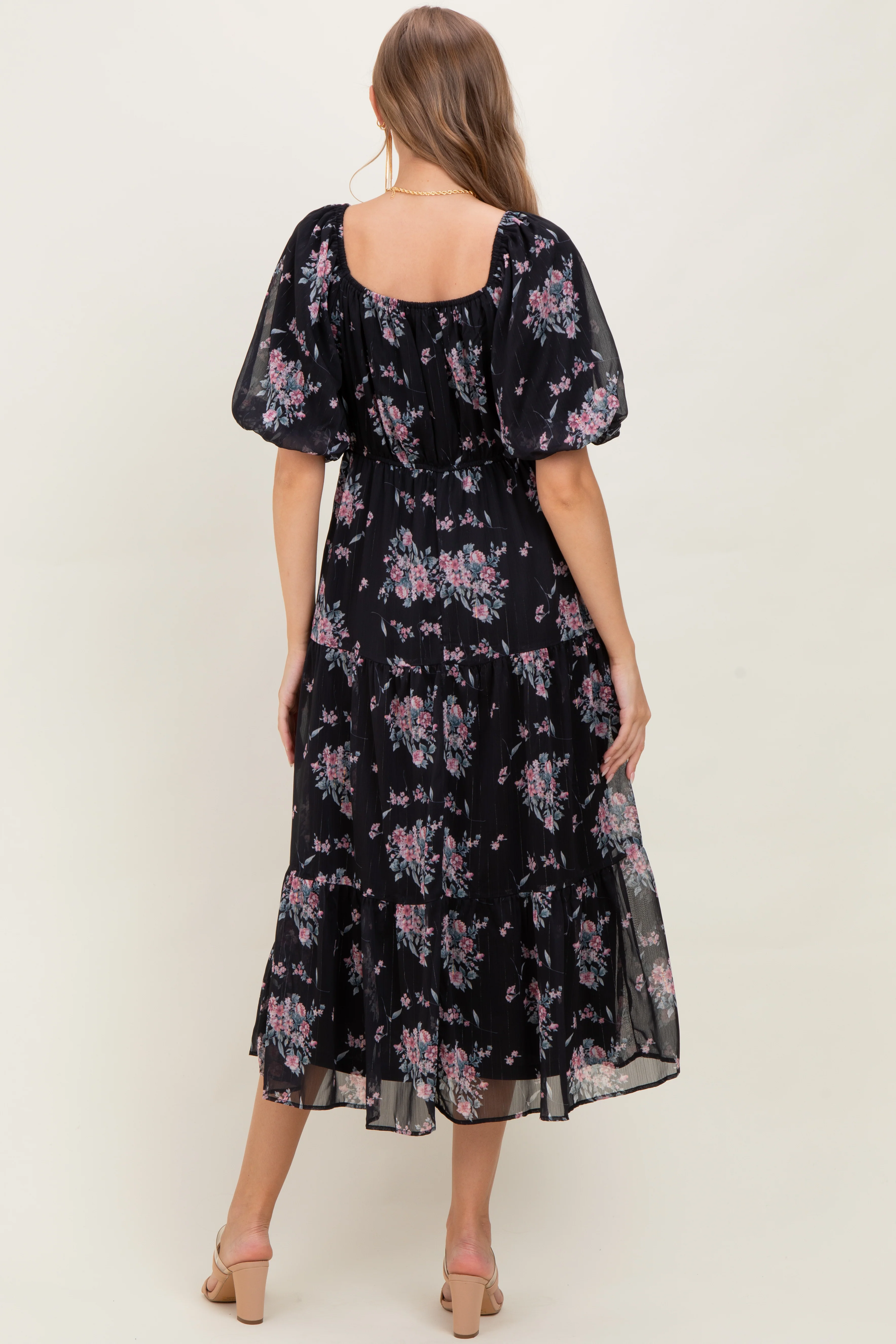 Black Floral Striped Puff Sleeve Maternity Midi Dress - Image 4