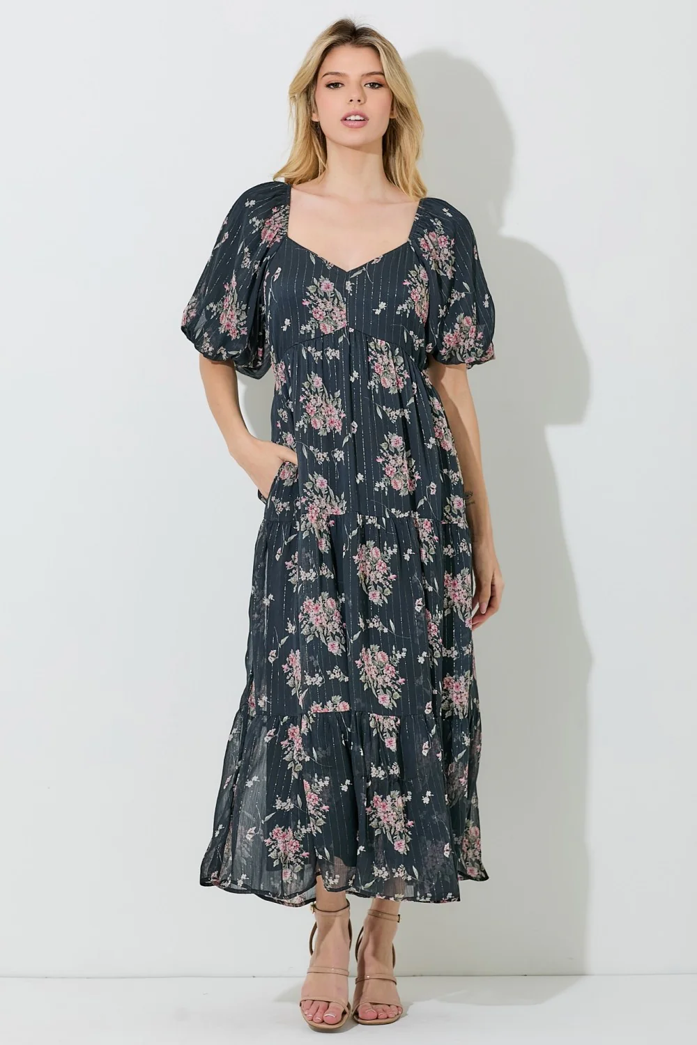 Black Floral Striped Puff Sleeve Maternity Midi Dress - Image 5