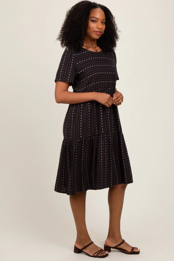 Black Floral Striped Tiered Short Sleeve Dress - Image 3