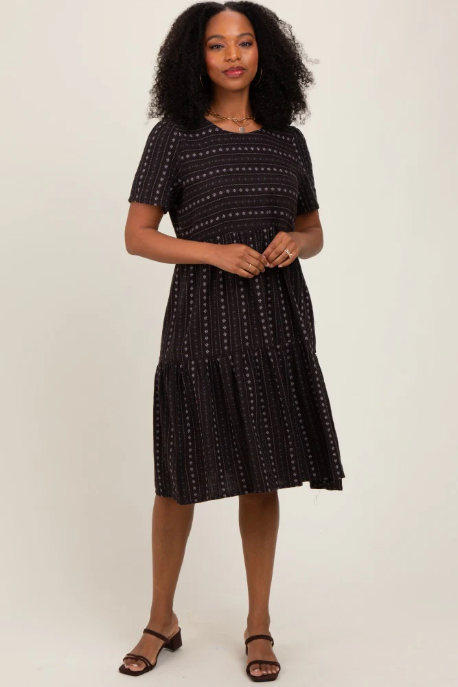 Black Floral Striped Tiered Short Sleeve Maternity Dress - Image 4