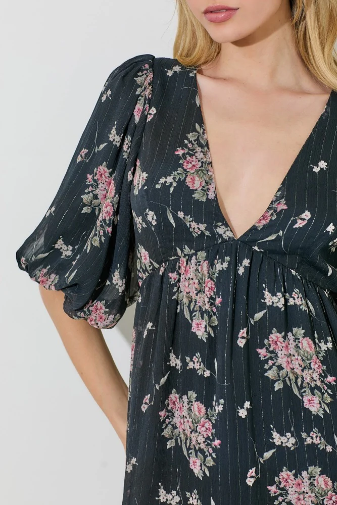 Black Floral Striped V-Neck Cutout Mini Dress - Image 4