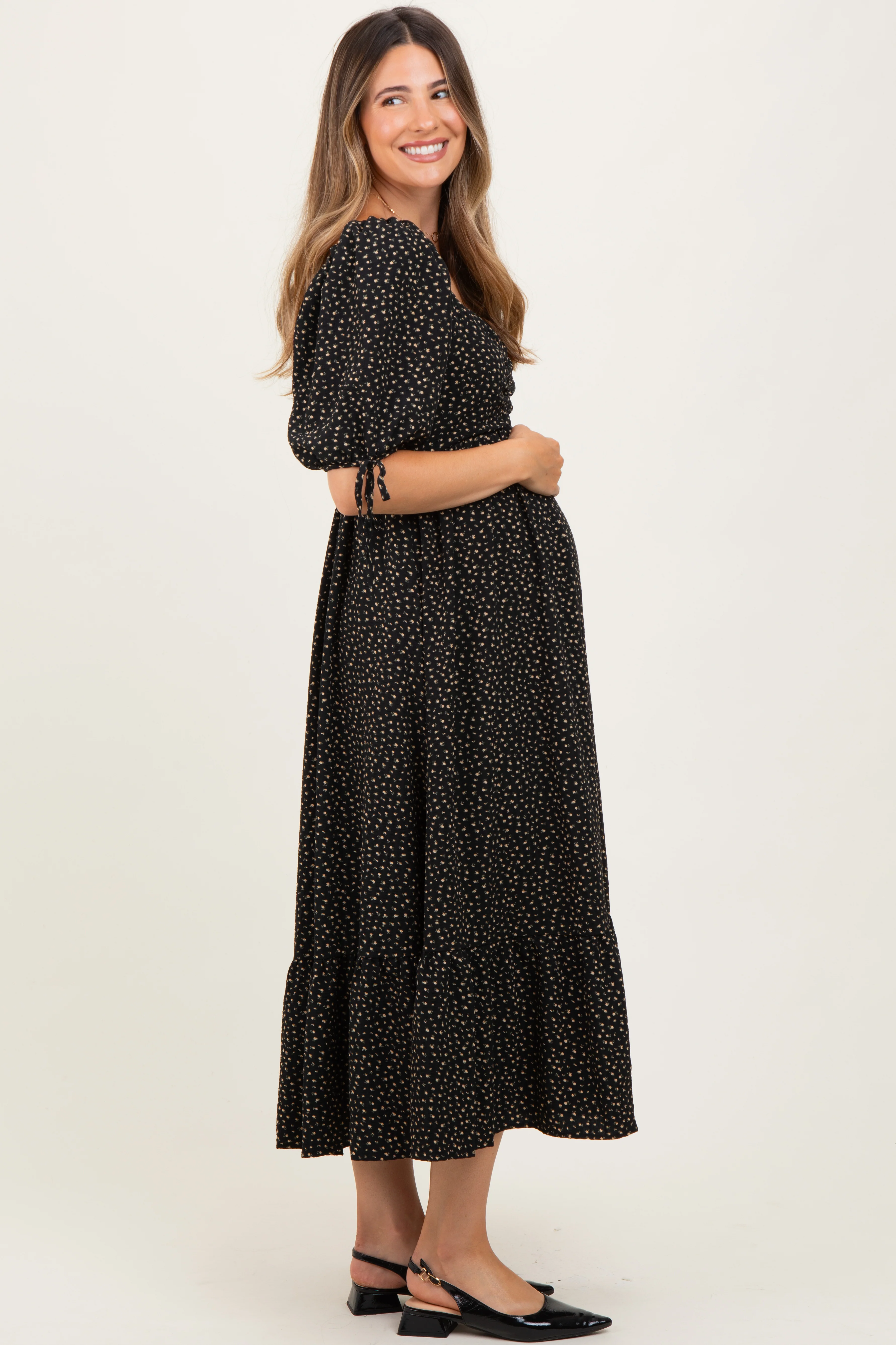 Black Floral Tie Sleeve Maternity Midi Dress - Image 3