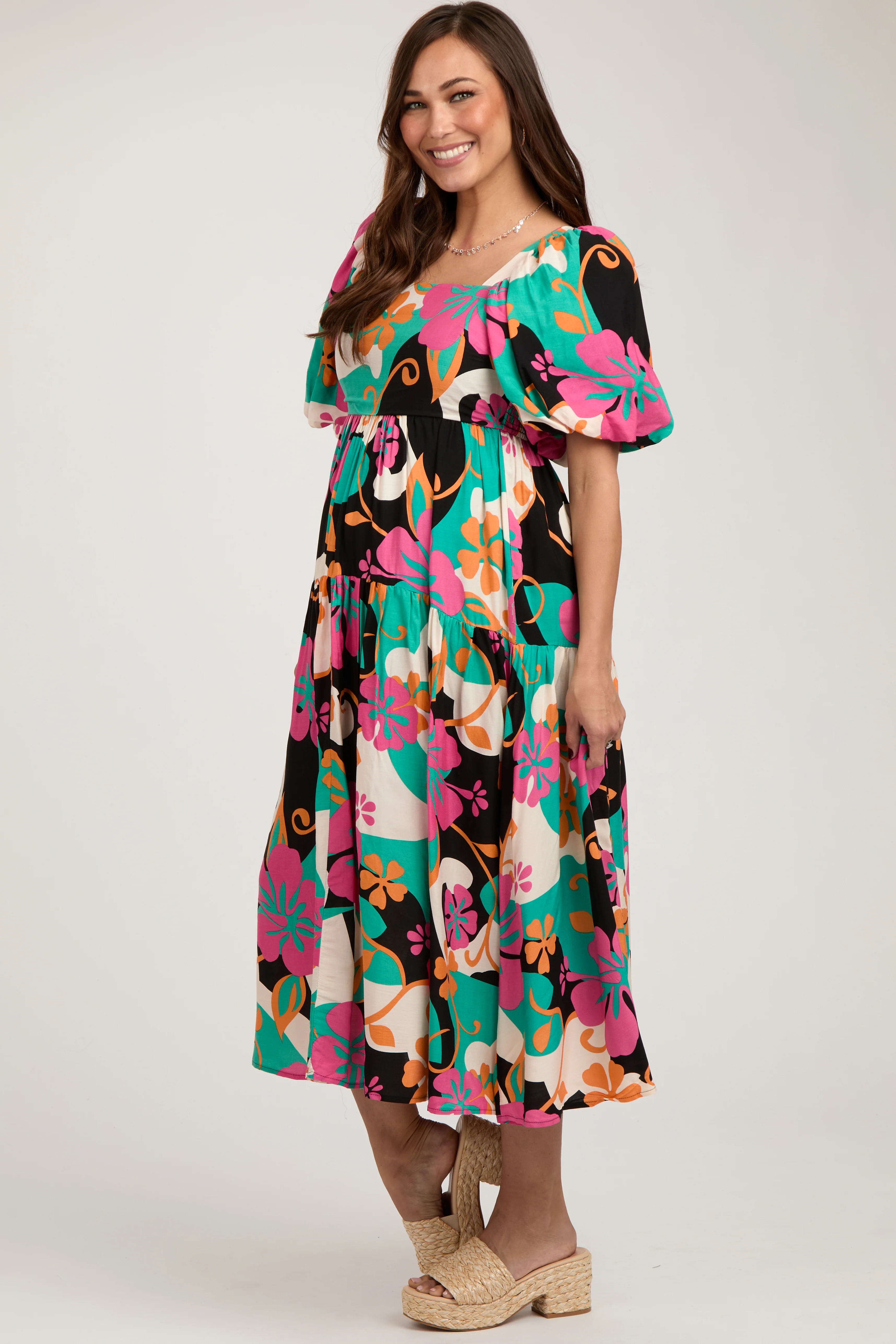 Black Floral Tiered Puff Sleeve Maternity Midi Dress - Image 4