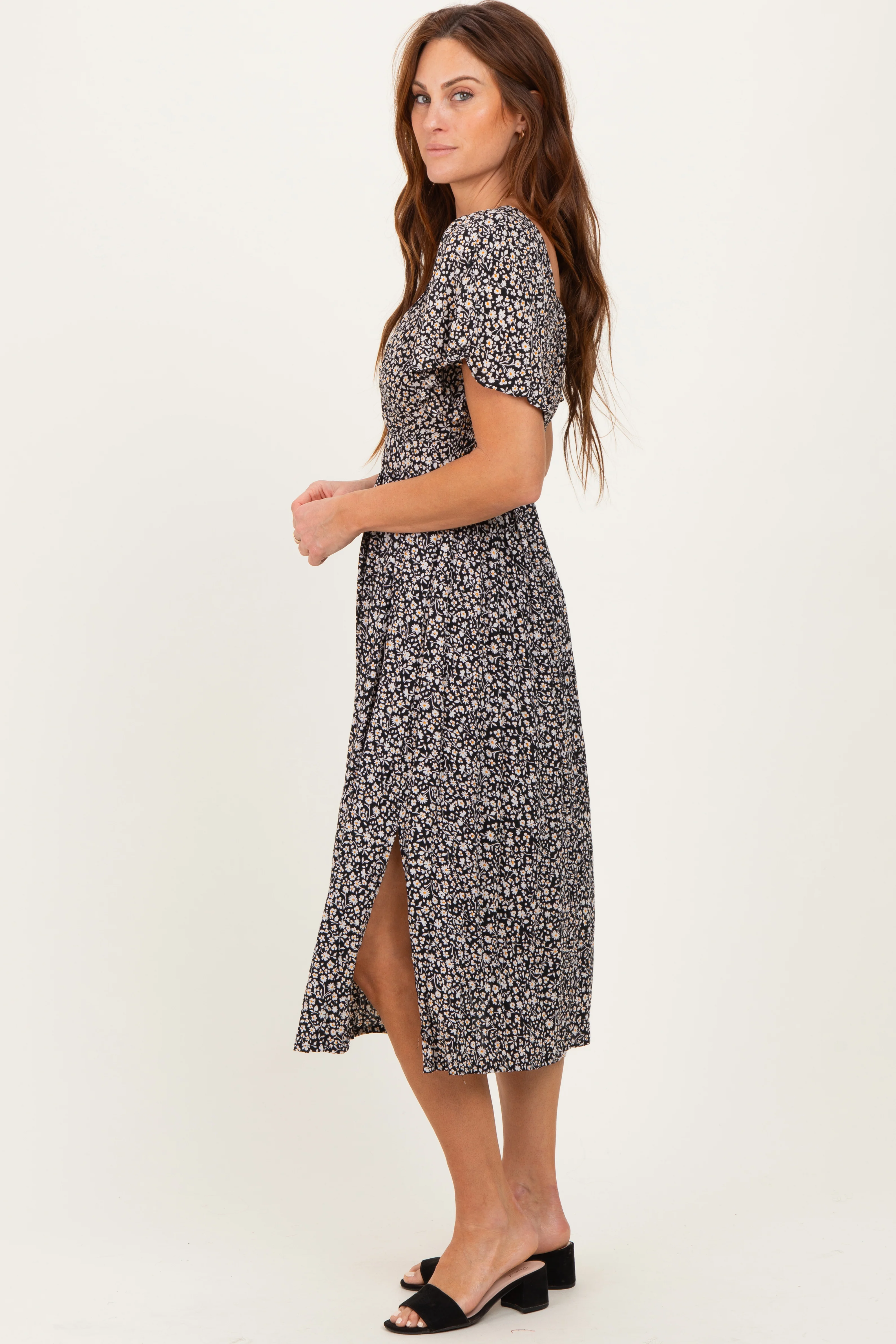 Black Floral Twist Front Cut Out Midi Dress - Image 3