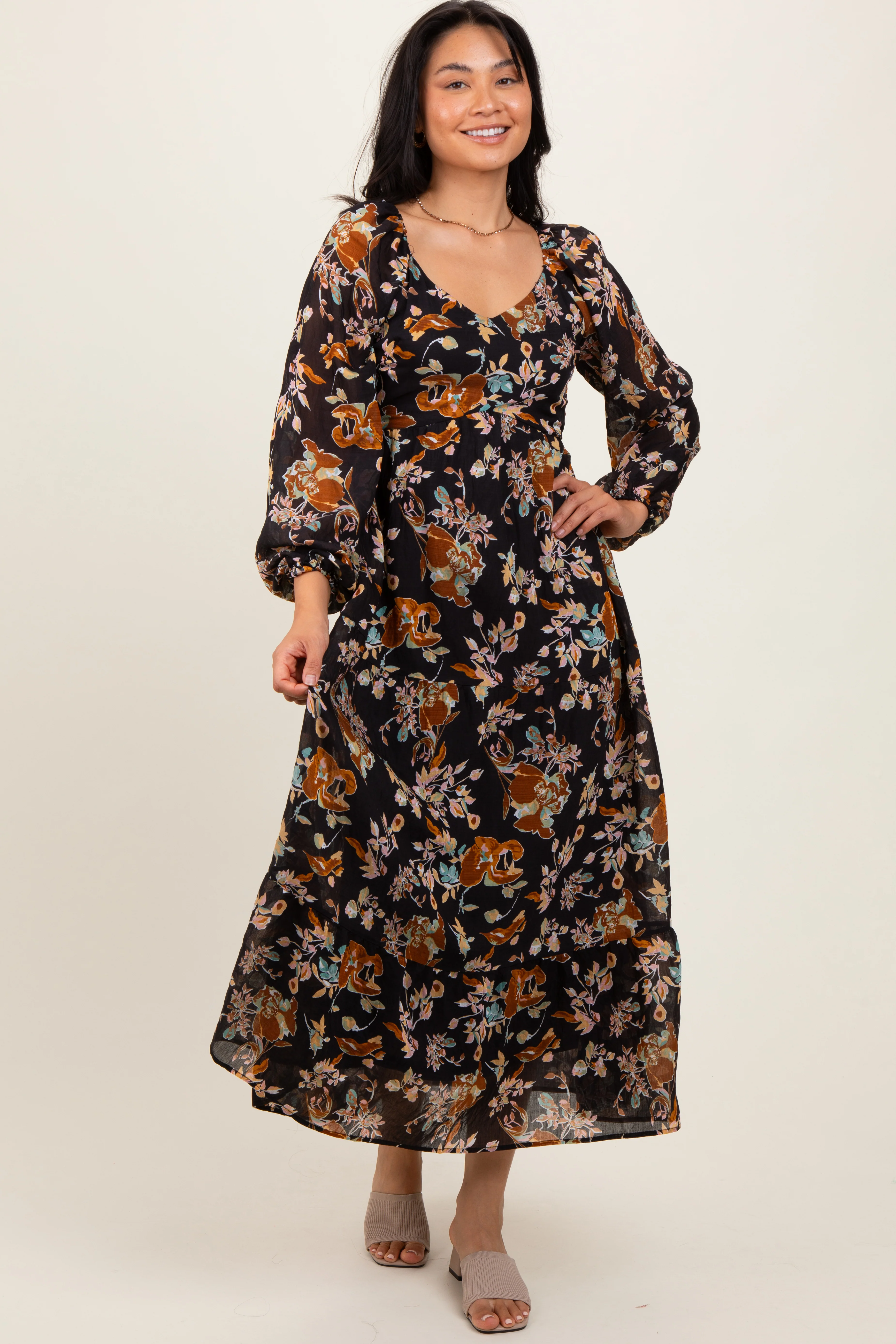 Black Floral V-Neck Long Sleeve Midi Dress - Image 2