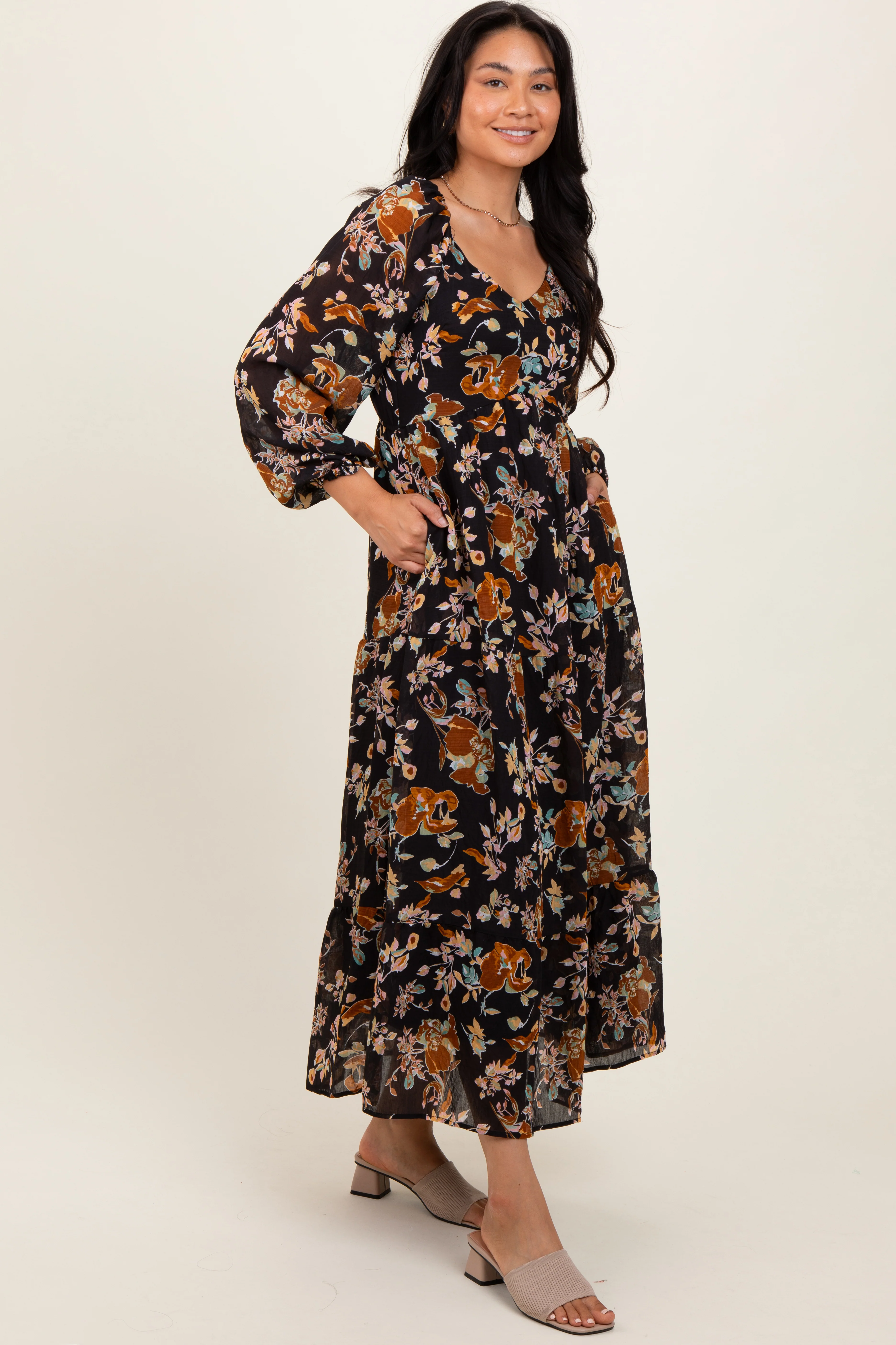 Black Floral V-Neck Long Sleeve Midi Dress - Image 3