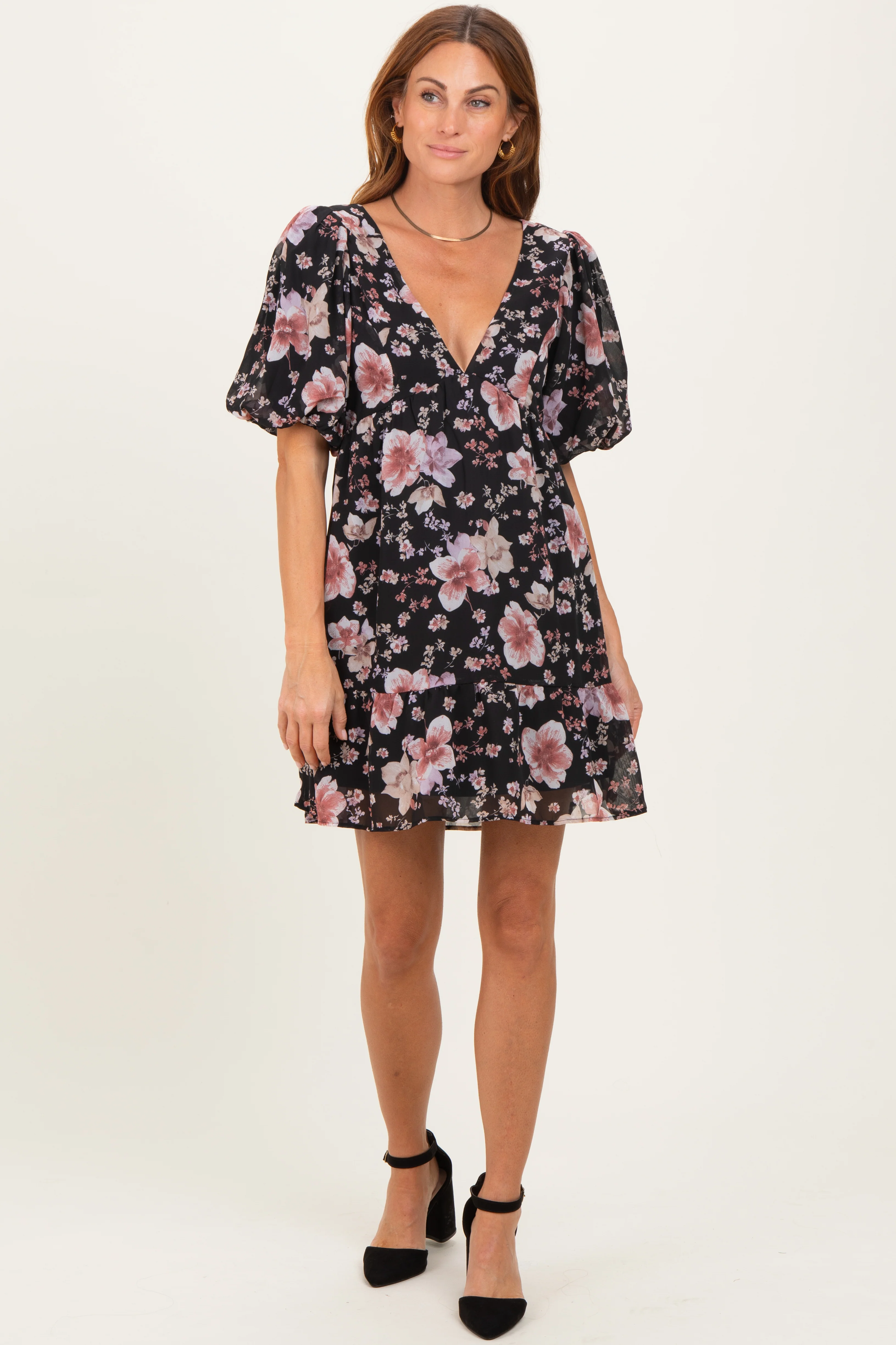 Black Floral V-Neck Puffed Sleeve Mini Dress - Image 2