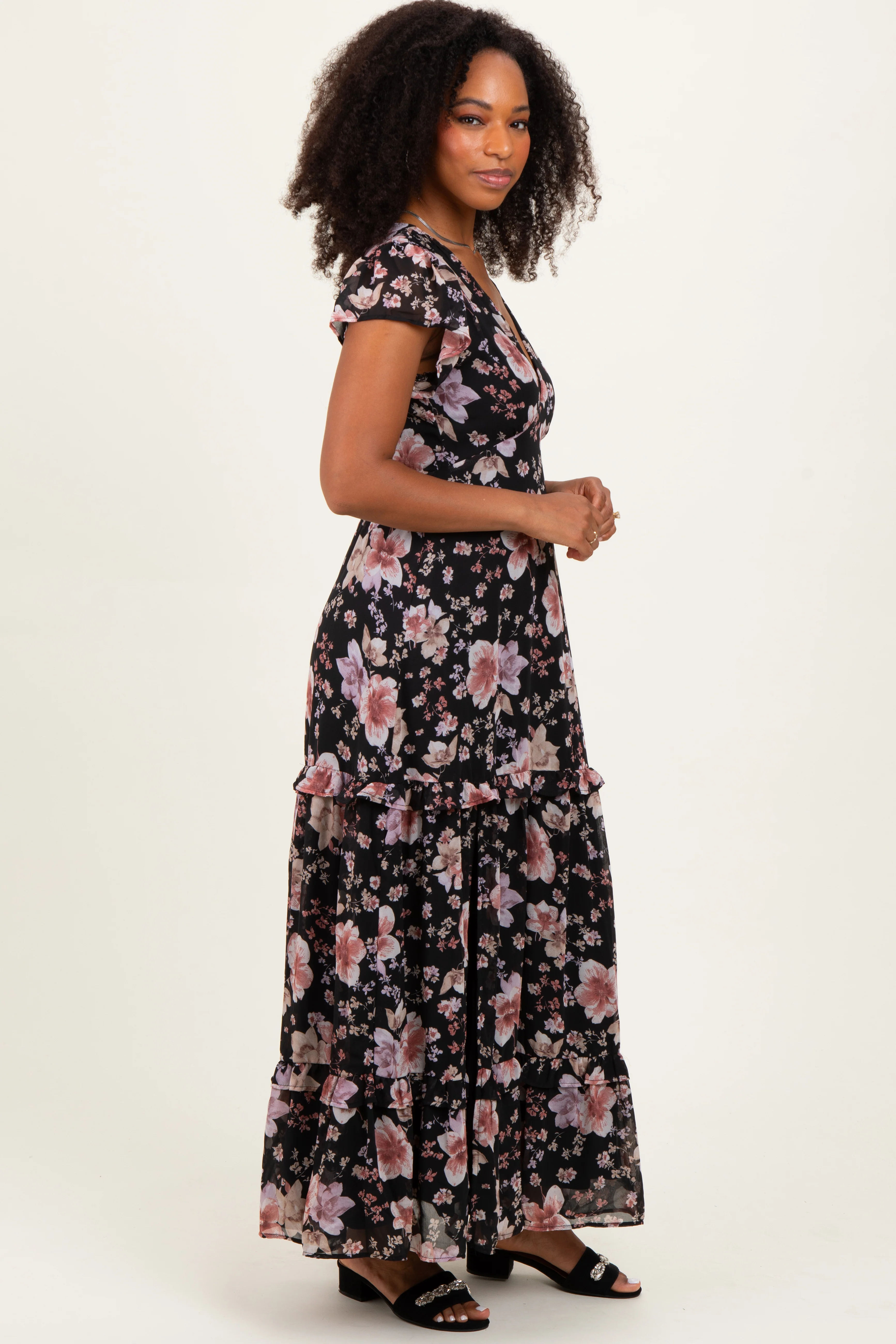 Black Floral V-Neck Side Silt Maxi Dress - Image 3