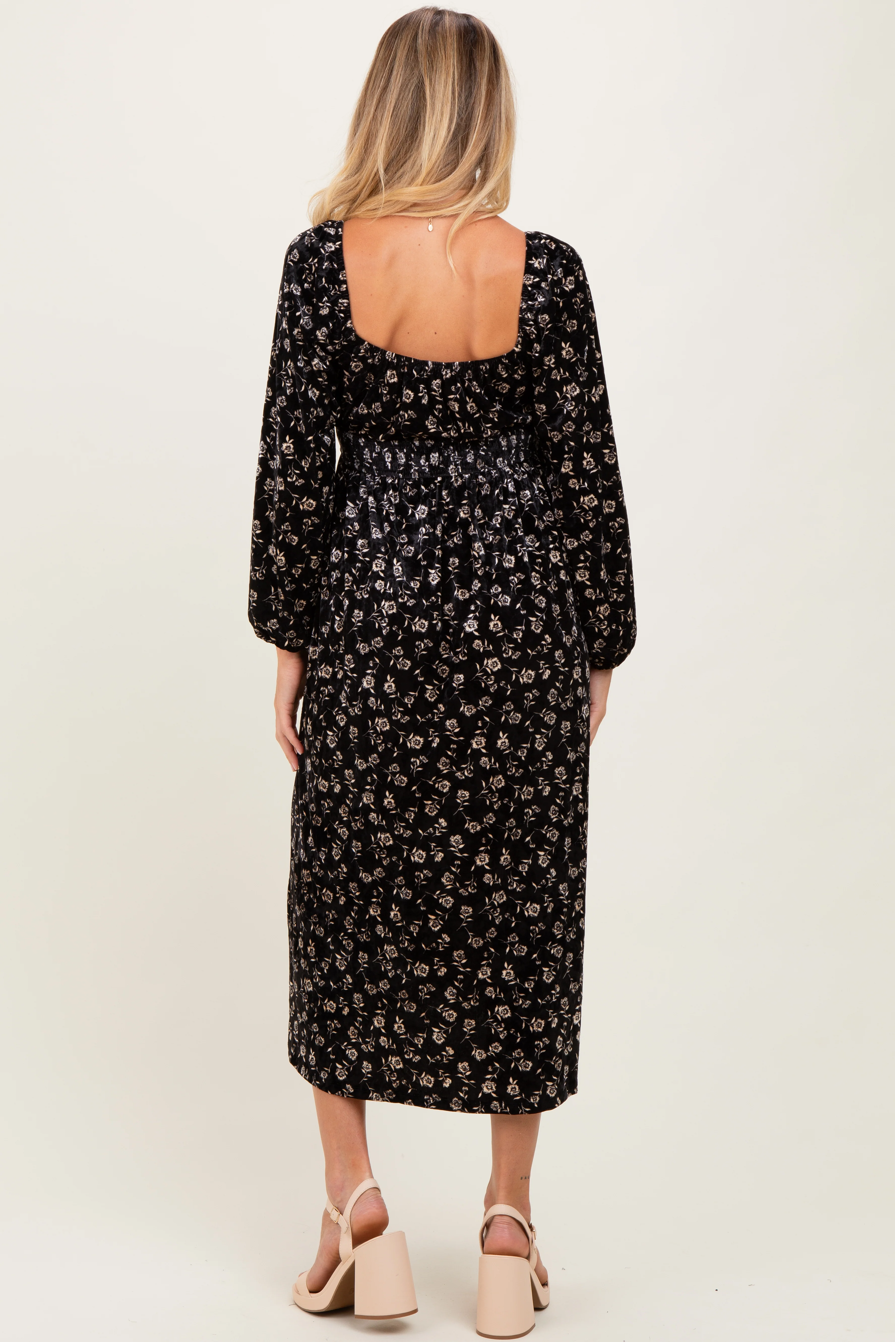 Black Floral Velvet Smocked Maternity Midi Dress - Image 3