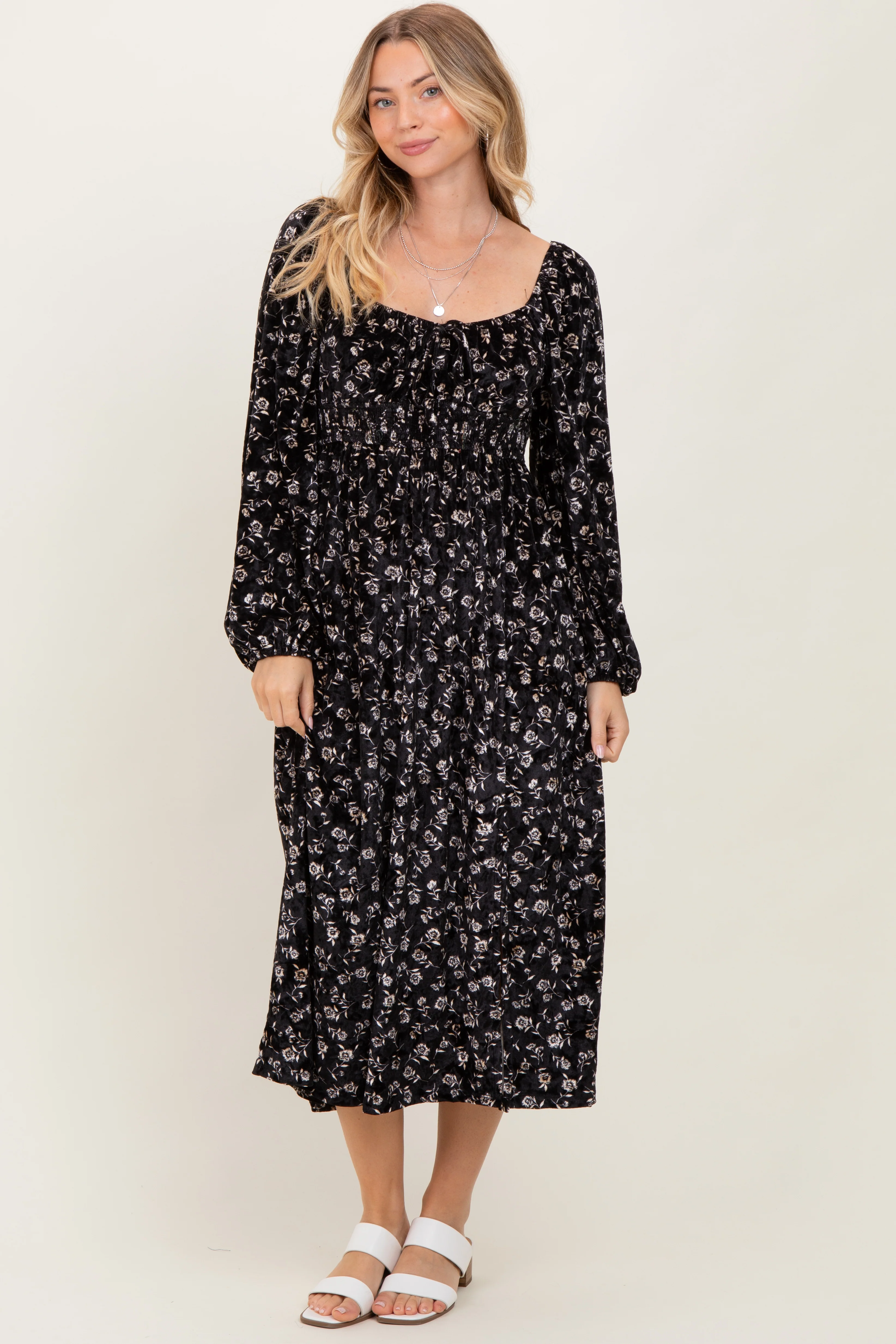 Black Floral Velvet Smocked Maternity Midi Dress - Image 4