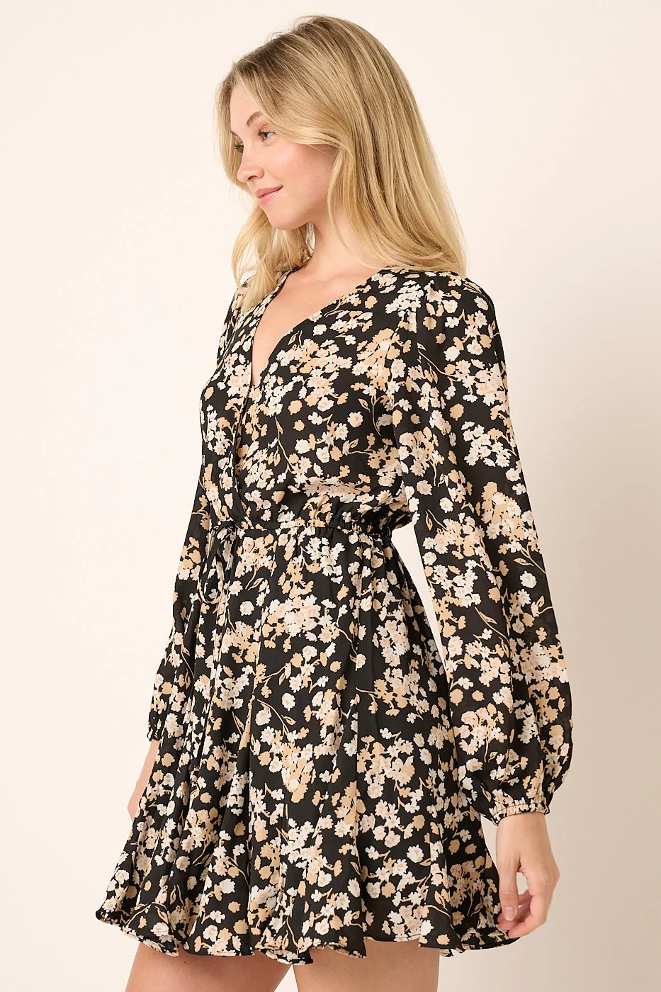 Black Flower Print Surplice Godet Detail Mini Dress - Image 3