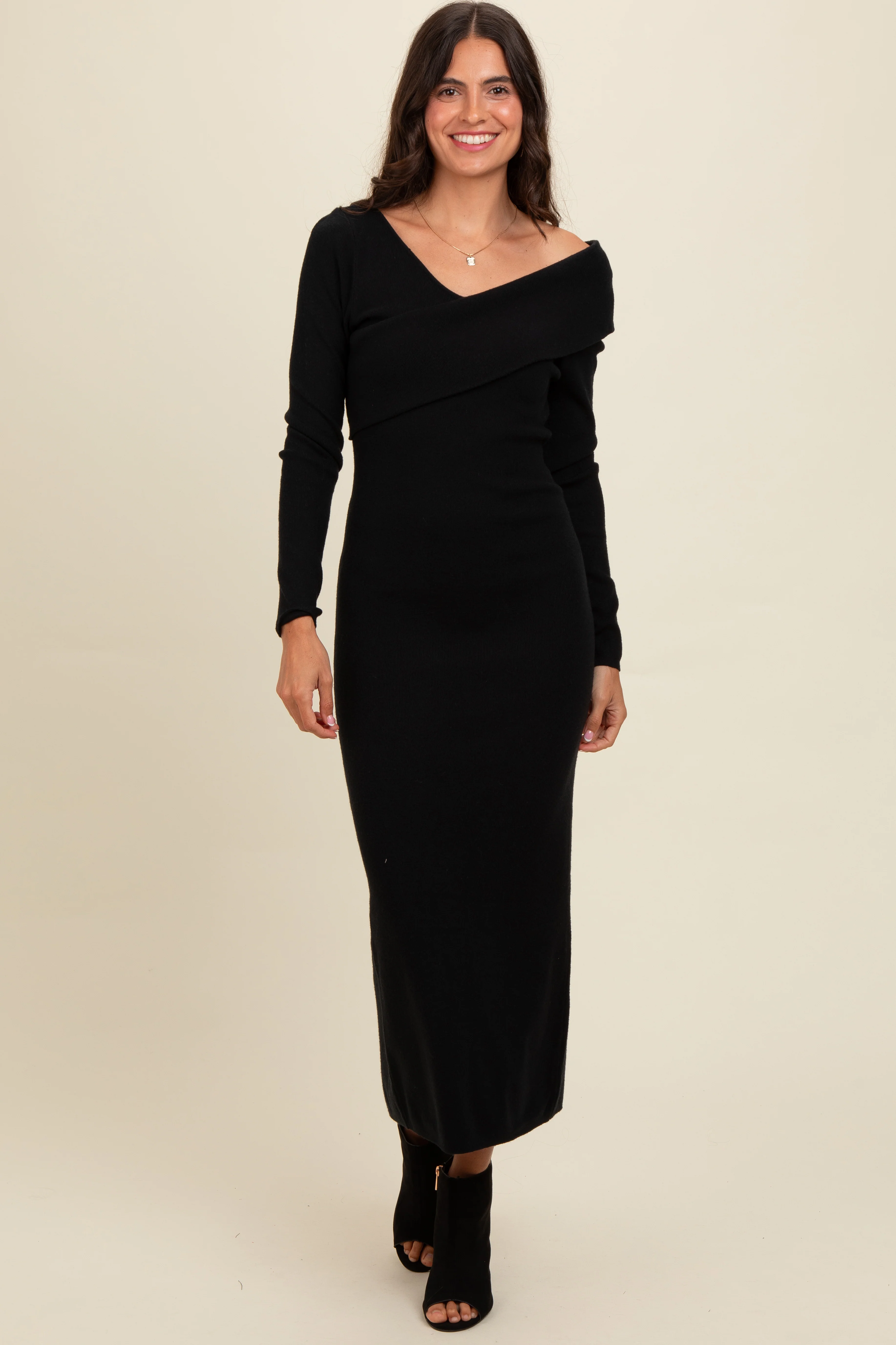 Black Fold Over Maternity Maxi Sweater Dress - Image 5